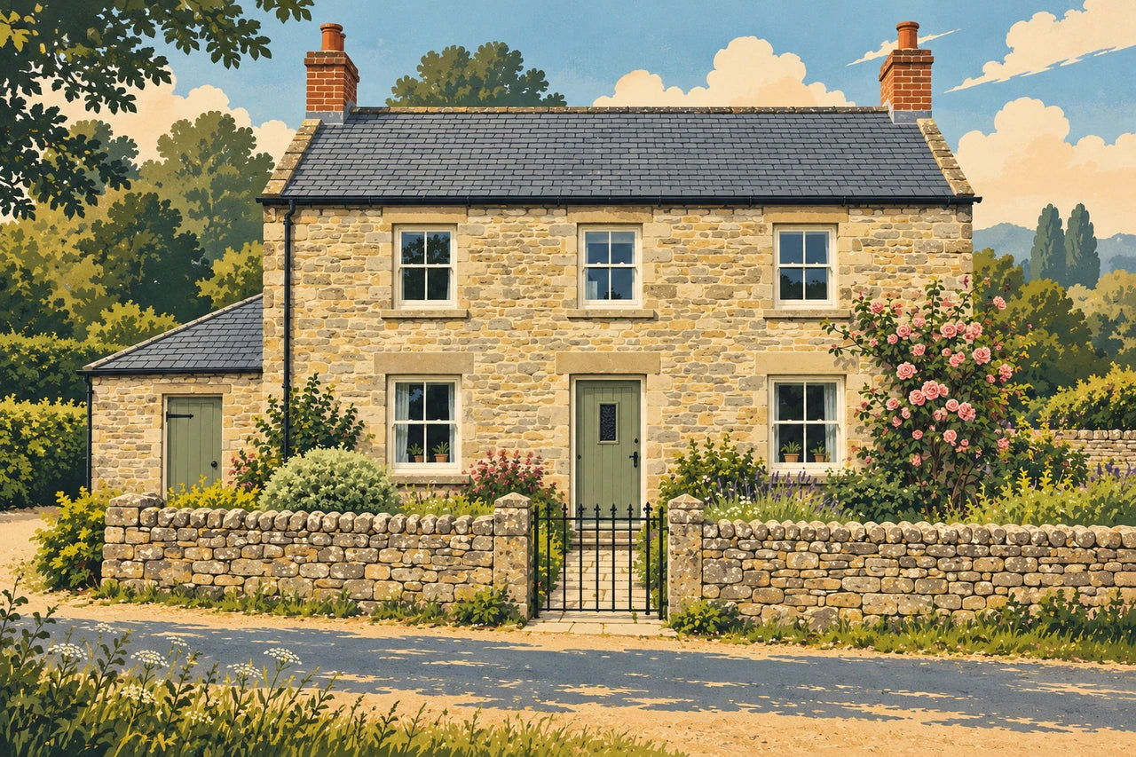 Vintage-style illustrated portrait of the stone cottage in forest green, ochre, sage and slate blue, without lettering.