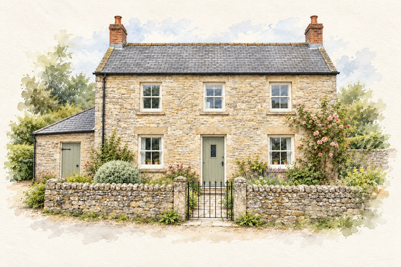 Watercolour interpretation of the same stone cottage, with five sash windows, sage doors, roses and a central garden gate on ivory paper.