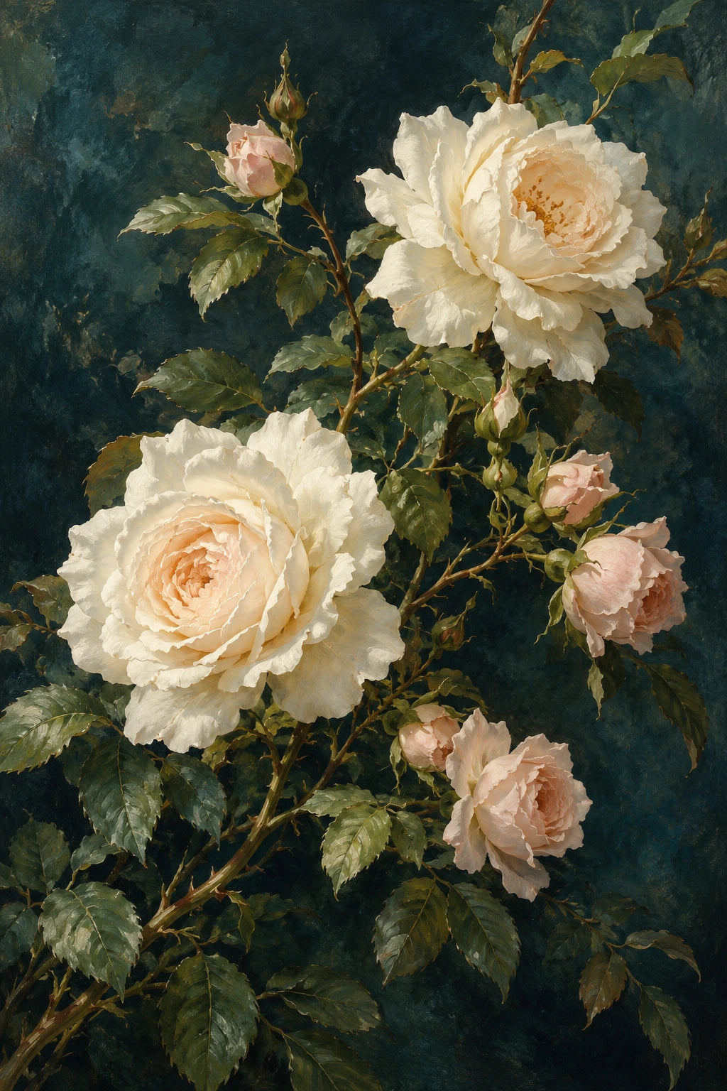 Painterly ivory and blush roses on a deep blue-green background, arranged in a portrait composition.