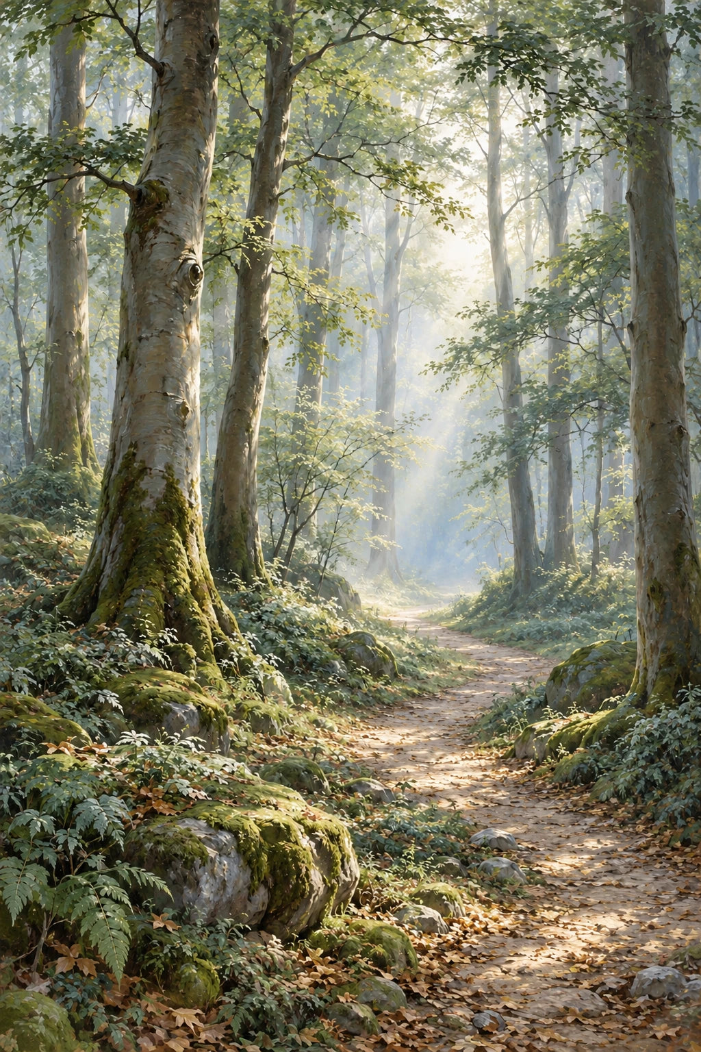 An edited woodland artwork with cooler grey-green leaves, ivory light and the same broad winding-path composition.