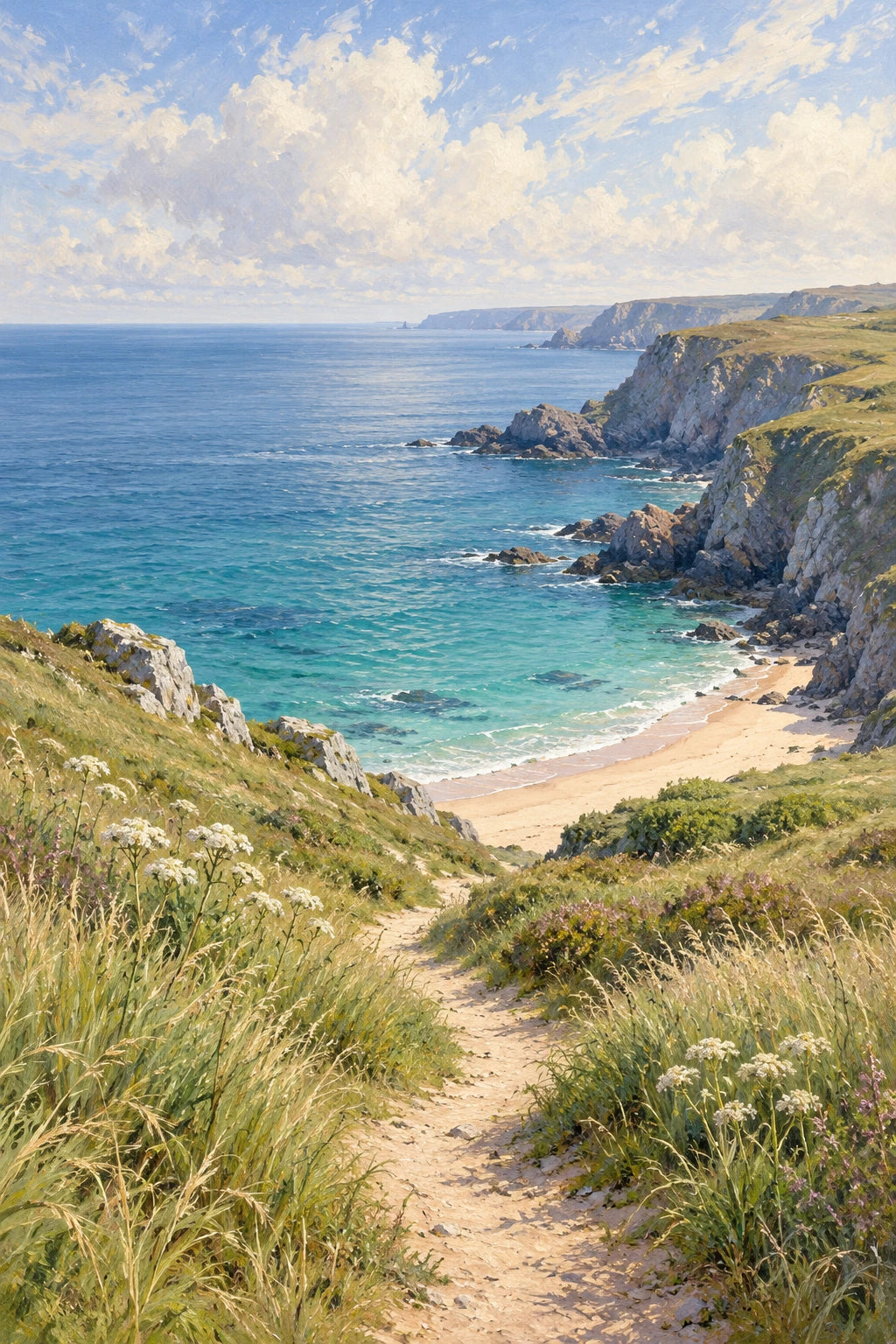 Portrait coastal artwork with a sandy path through grasses towards a blue cove and receding cliffs.