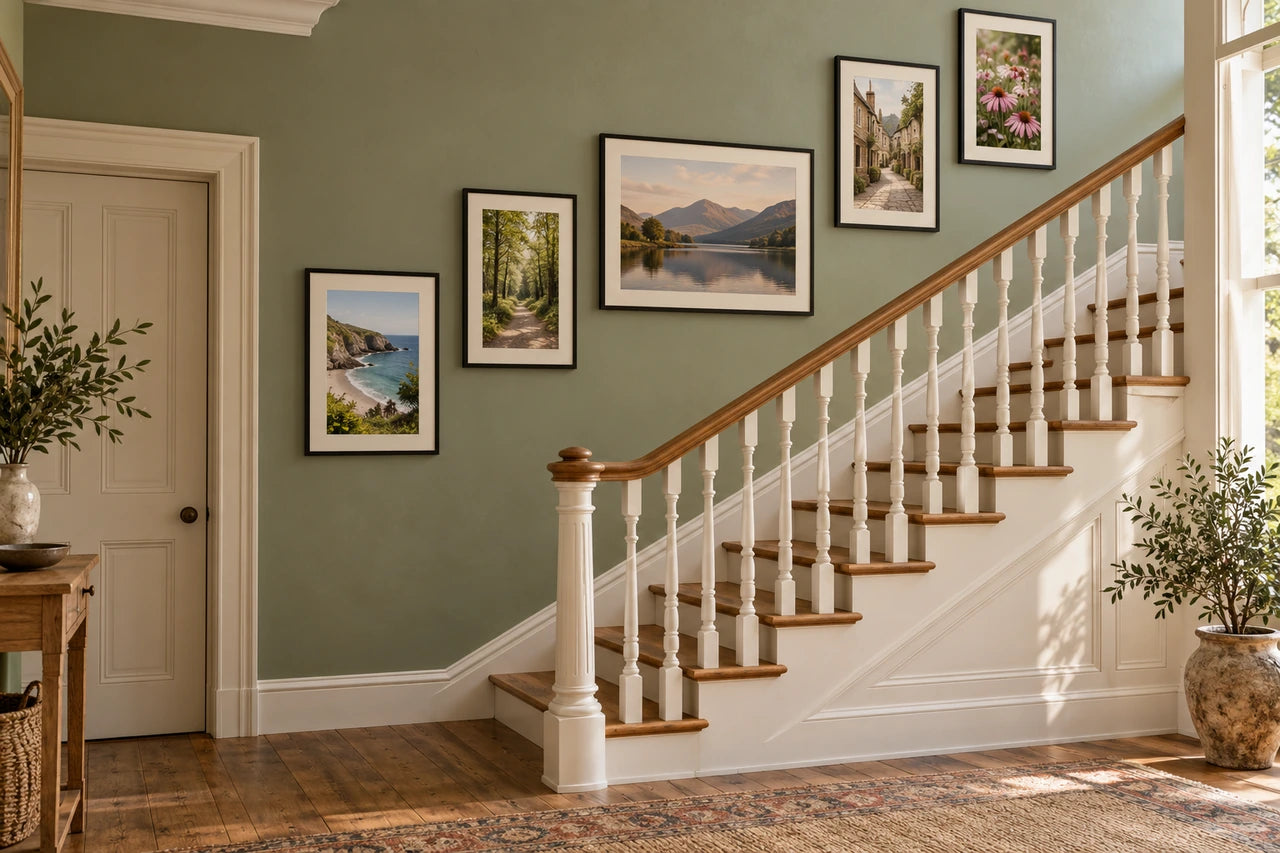 Imagined sage-green staircase with five black-framed travel photographs rising above an oak handrail.