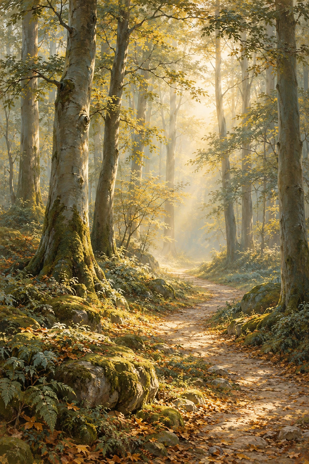 Tall woodland artwork with a winding path through olive beech trees and warm misty light.
