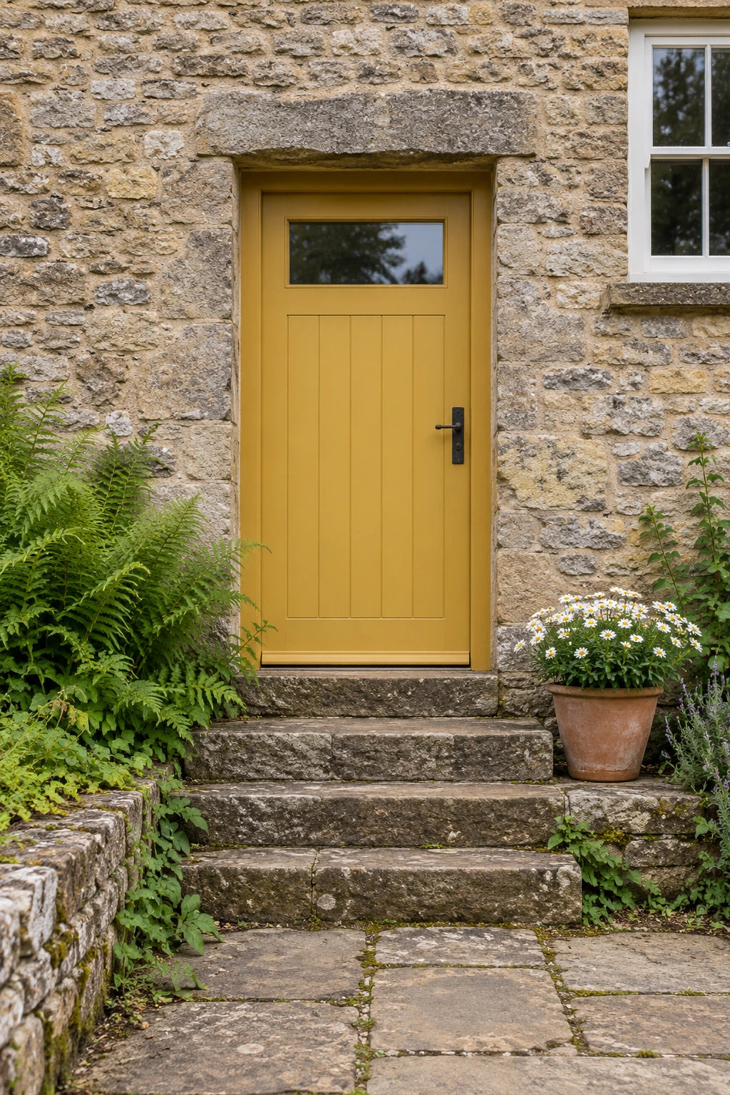 Fictional practice photograph of an ochre cottage door, stone steps, ferns and a pot of daisies.