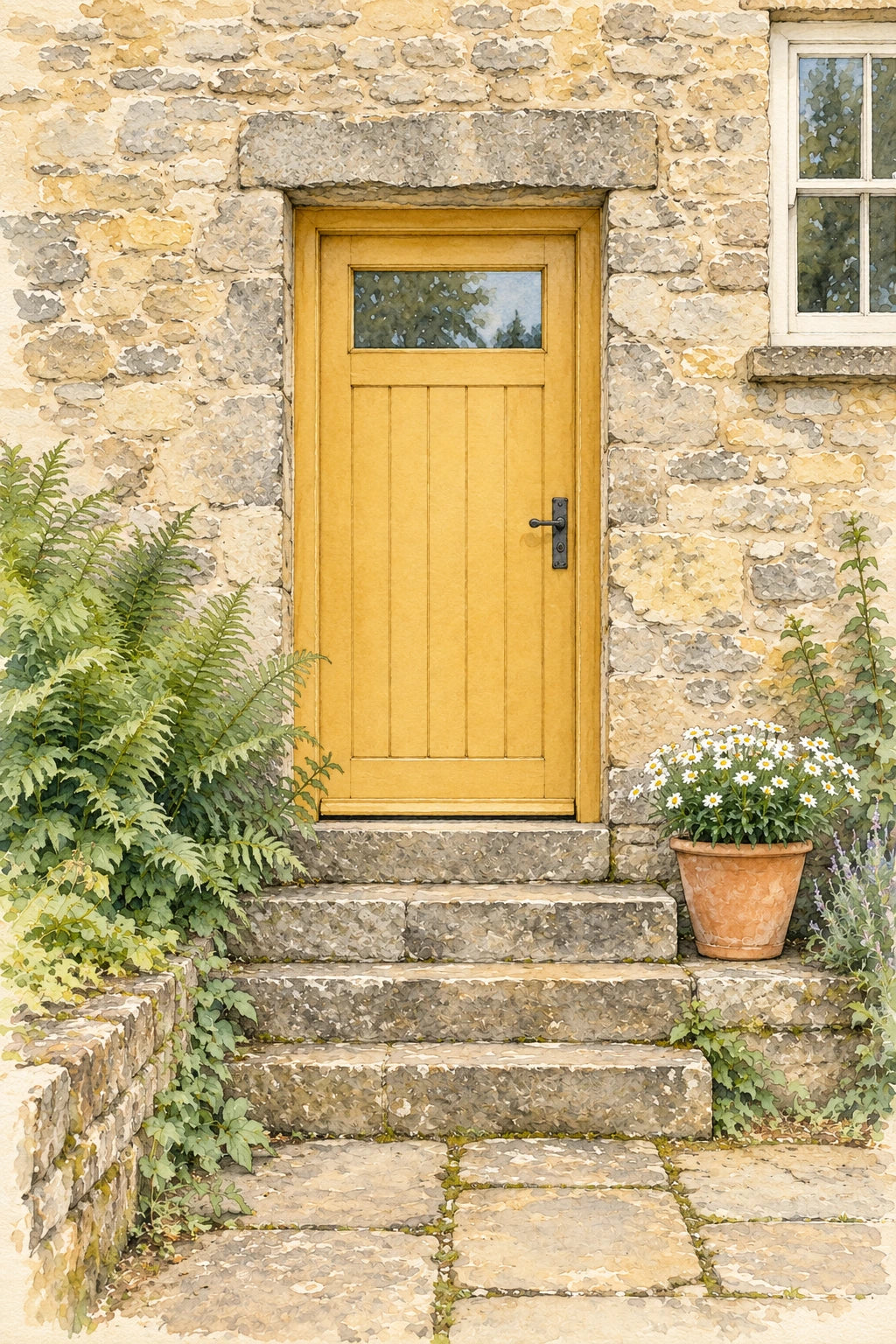 Watercolour interpretation of the practice doorway with ochre paint, grey stone, ferns and white daisies.