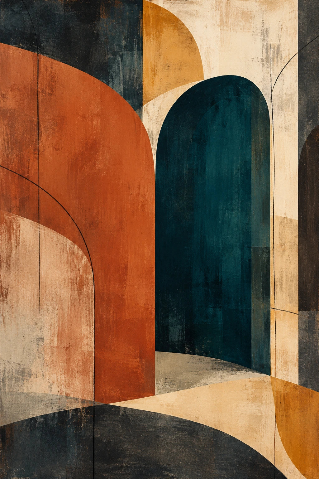 Tall abstract artwork with midnight-teal arches, terracotta planes, ochre and warm ivory.