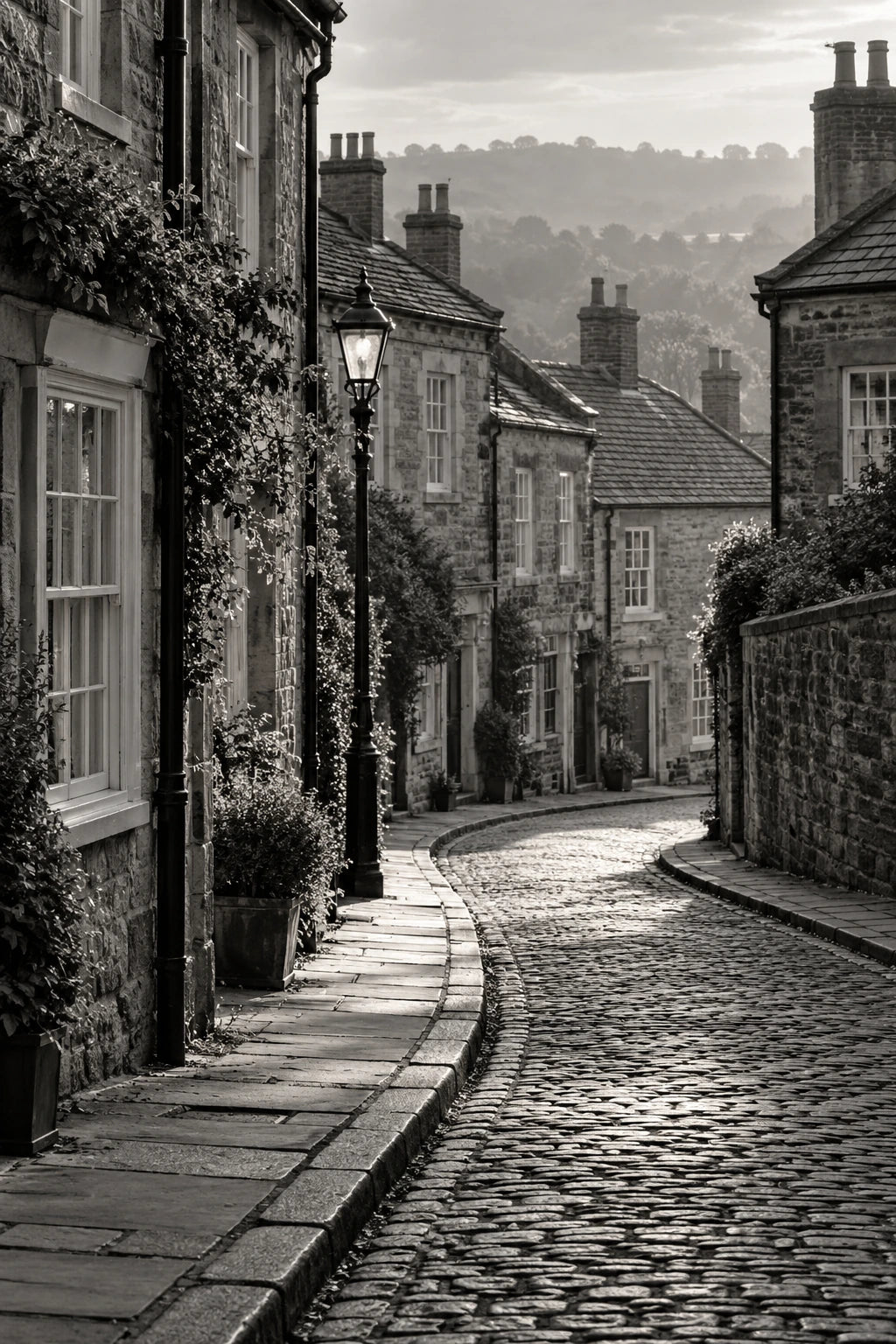 Black-and-white photographic-style artwork of an imagined northern English stone lane with a lamp and receding rooftops.