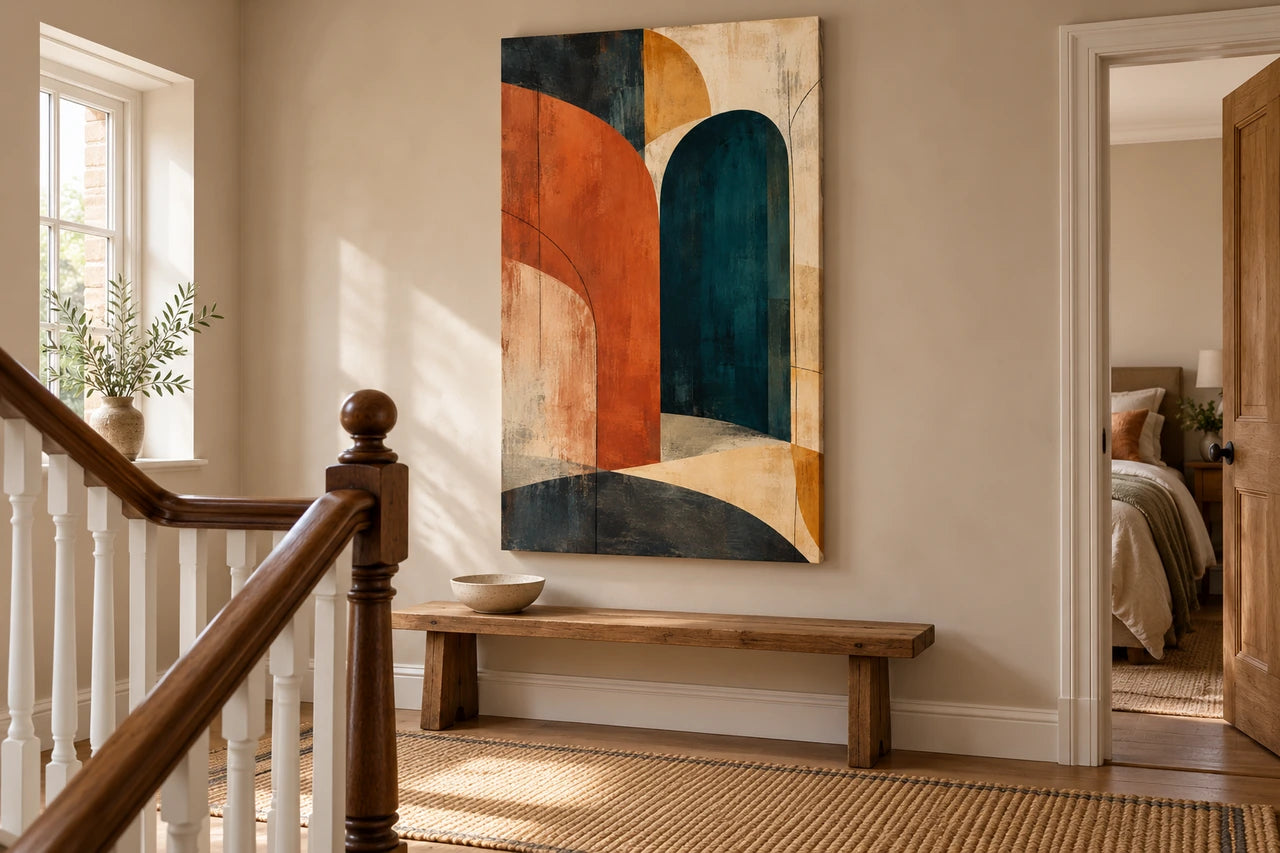Imagined upstairs landing with a large portrait teal-and-terracotta abstract canvas above a wooden bench.