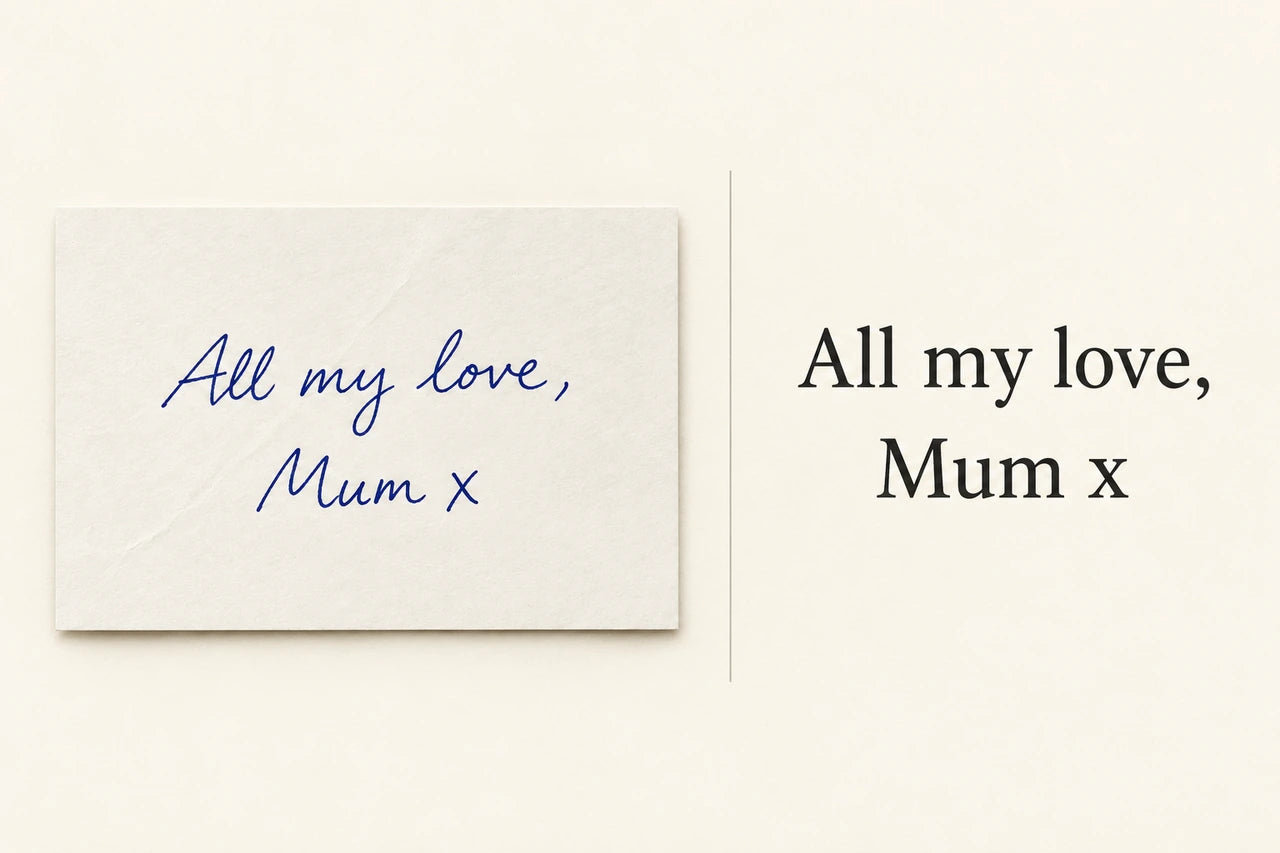 Invented blue handwritten note beside a clearly typed serif transcript of All my love, Mum x.