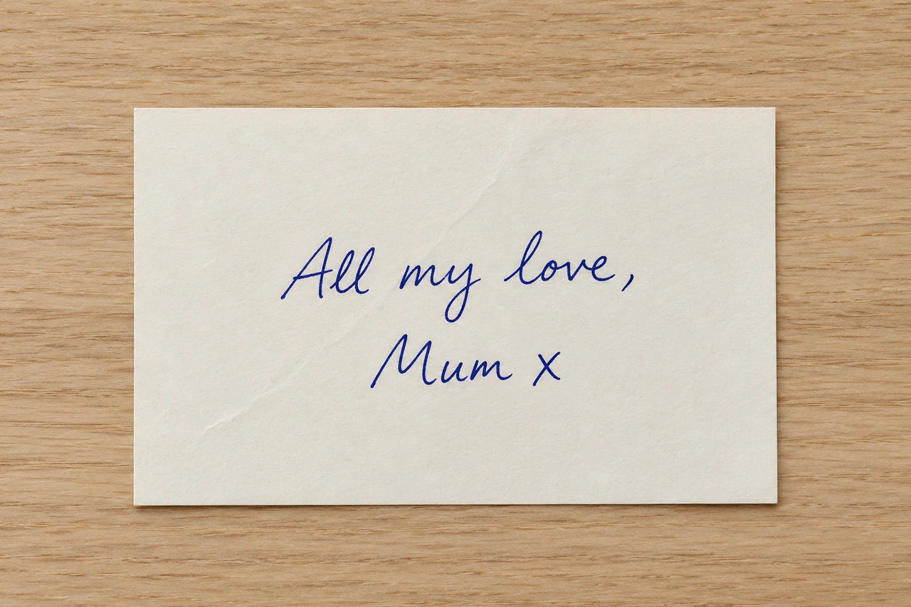 Fictional blue-pen note reading All my love, Mum x on a warm ivory card.