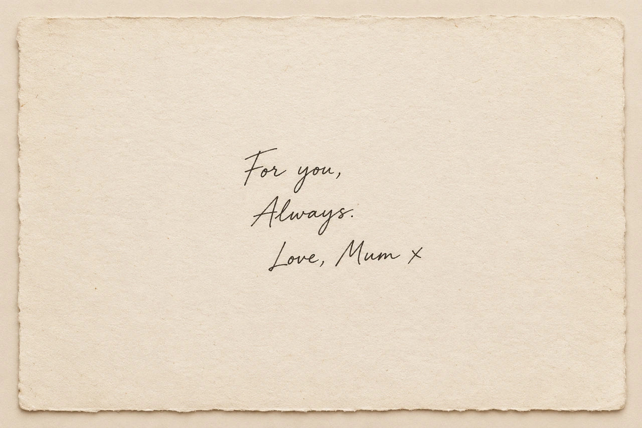 Fictional letter excerpt reading For you, Always. Love, Mum x on warm paper.