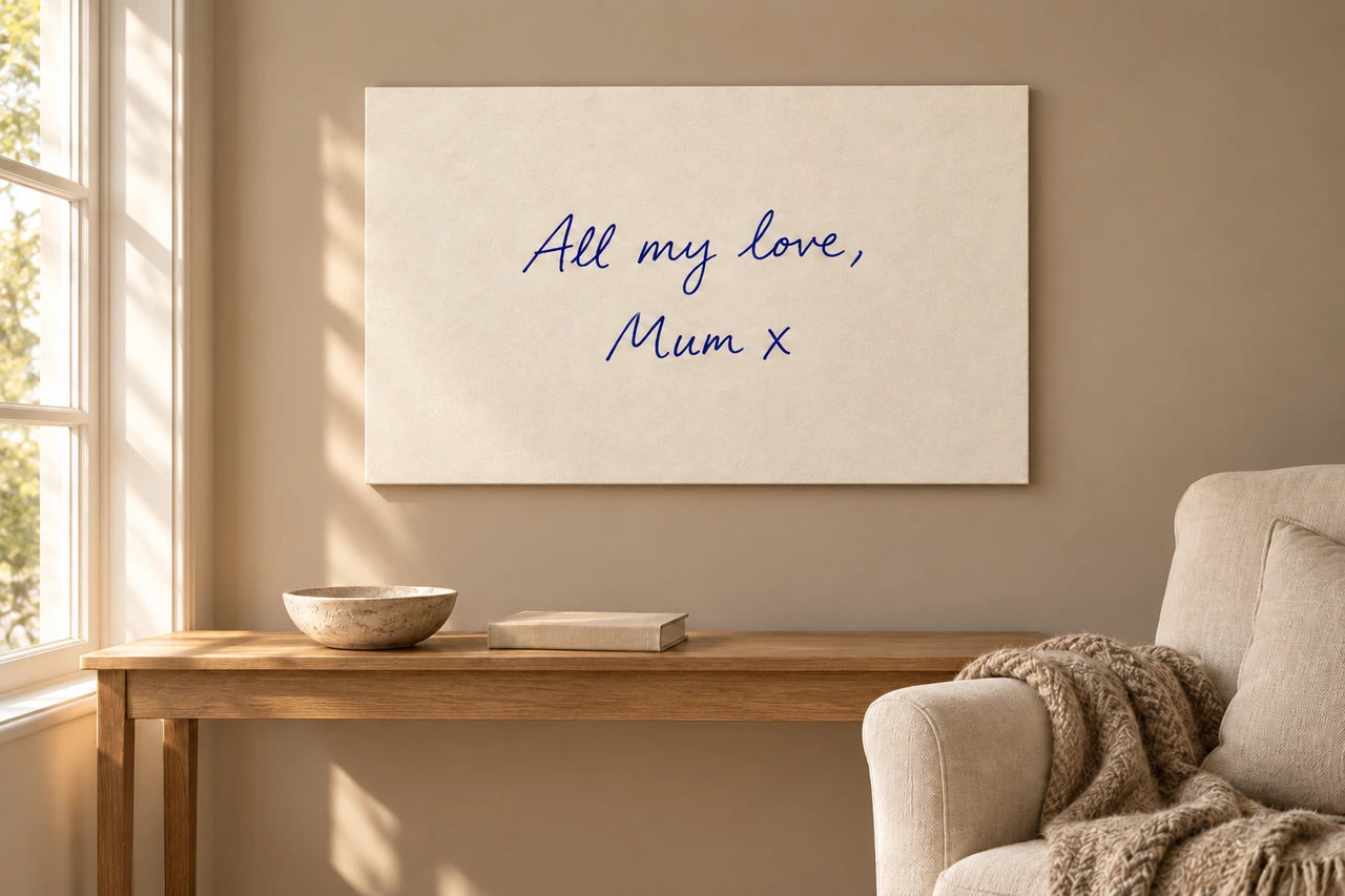 An imagined reading nook with a blue handwritten note canvas reading All my love, Mum x.
