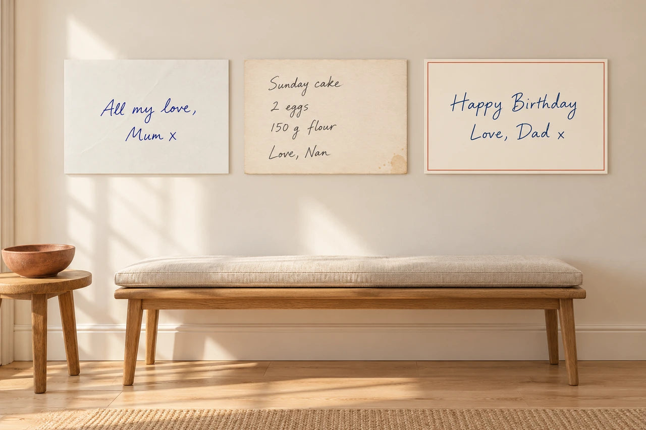 Three invented message prints above an oak hallway bench: a loving note, recipe fragment and birthday message.