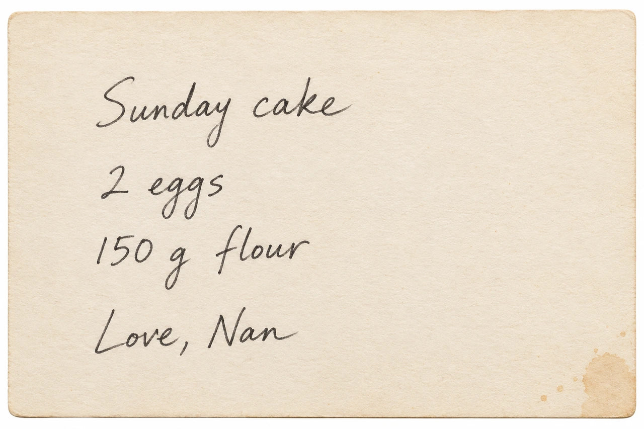 Invented handwritten card with Sunday cake, 2 eggs, 150 g flour and Love, Nan.