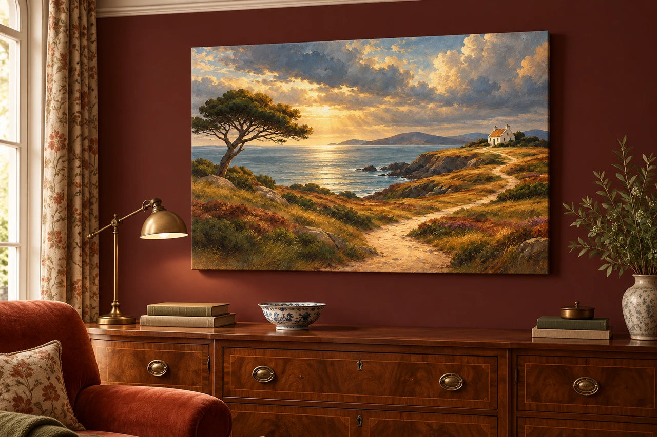 A traditional sitting room with a rich landscape canvas above walnut furniture and a velvet chair nearby.
