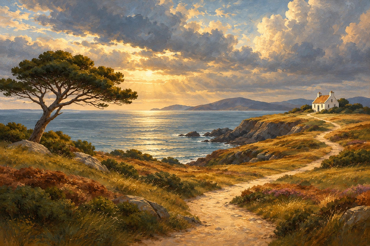 Traditional oil-style coastal landscape with a dark tree, curved path, cottage and softly dramatic golden light over the sea.