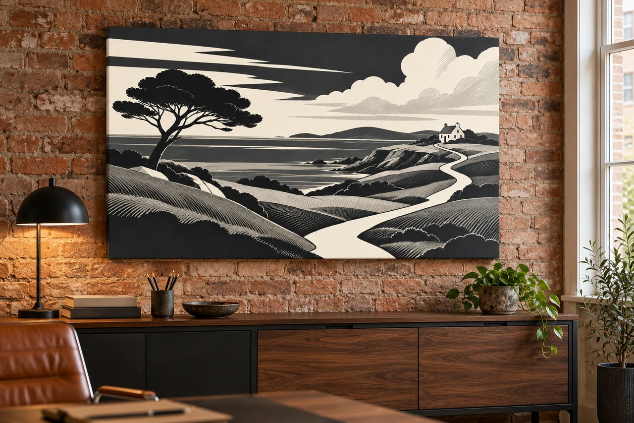 An industrial-style home office with a monochrome landscape canvas, warm brick and black steel furniture.