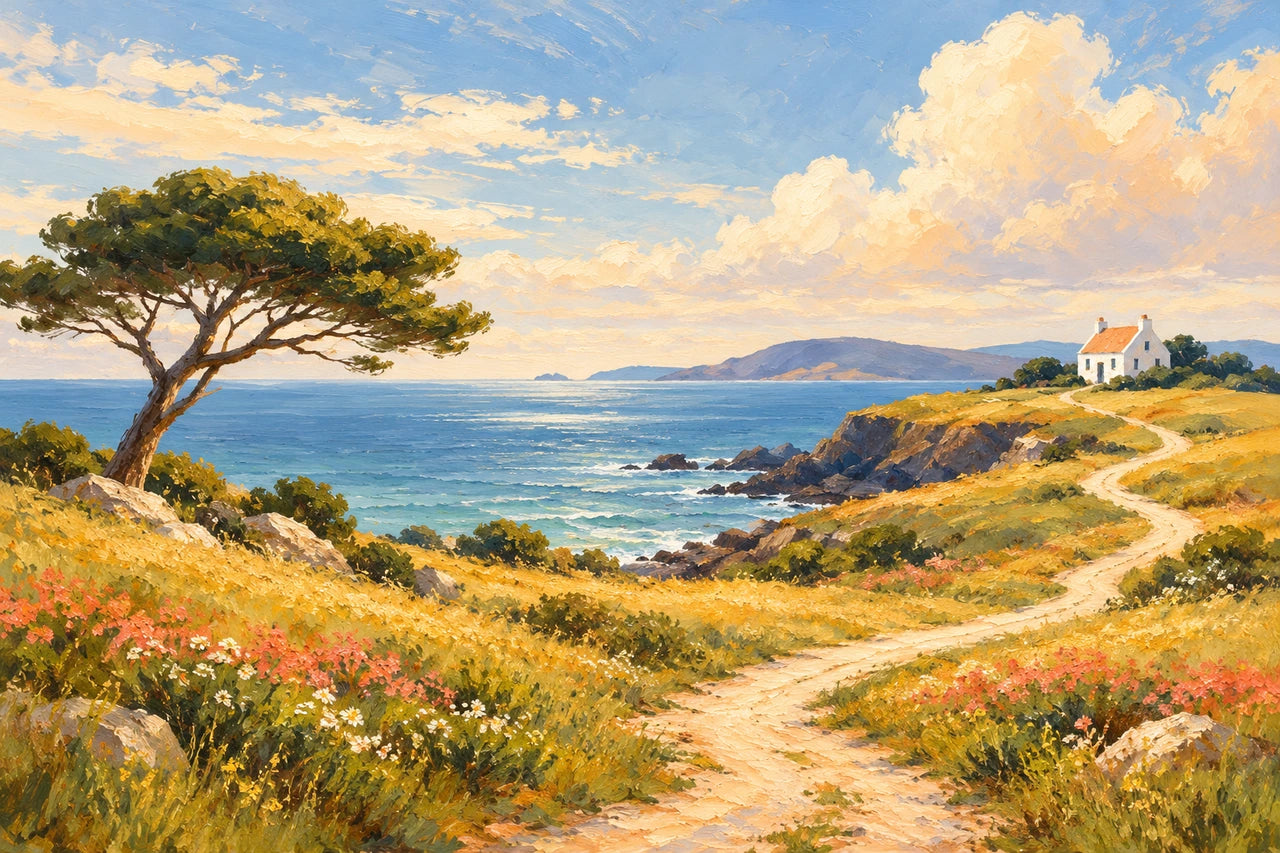 Warm country oil-style coastal landscape with a winding path, windswept tree, white cottage and sunlit meadow.