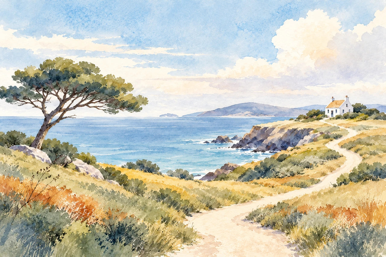 Airy watercolour-style coastline with a windswept tree, curving path, white cottage and a broad pale blue sky.