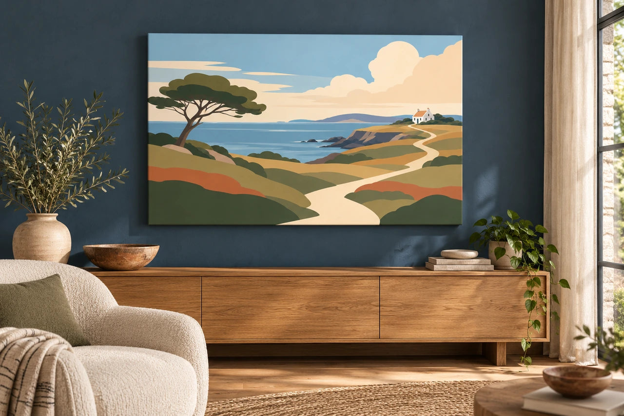 A contemporary British living room with an abstracted coastal landscape canvas above an oak sideboard.