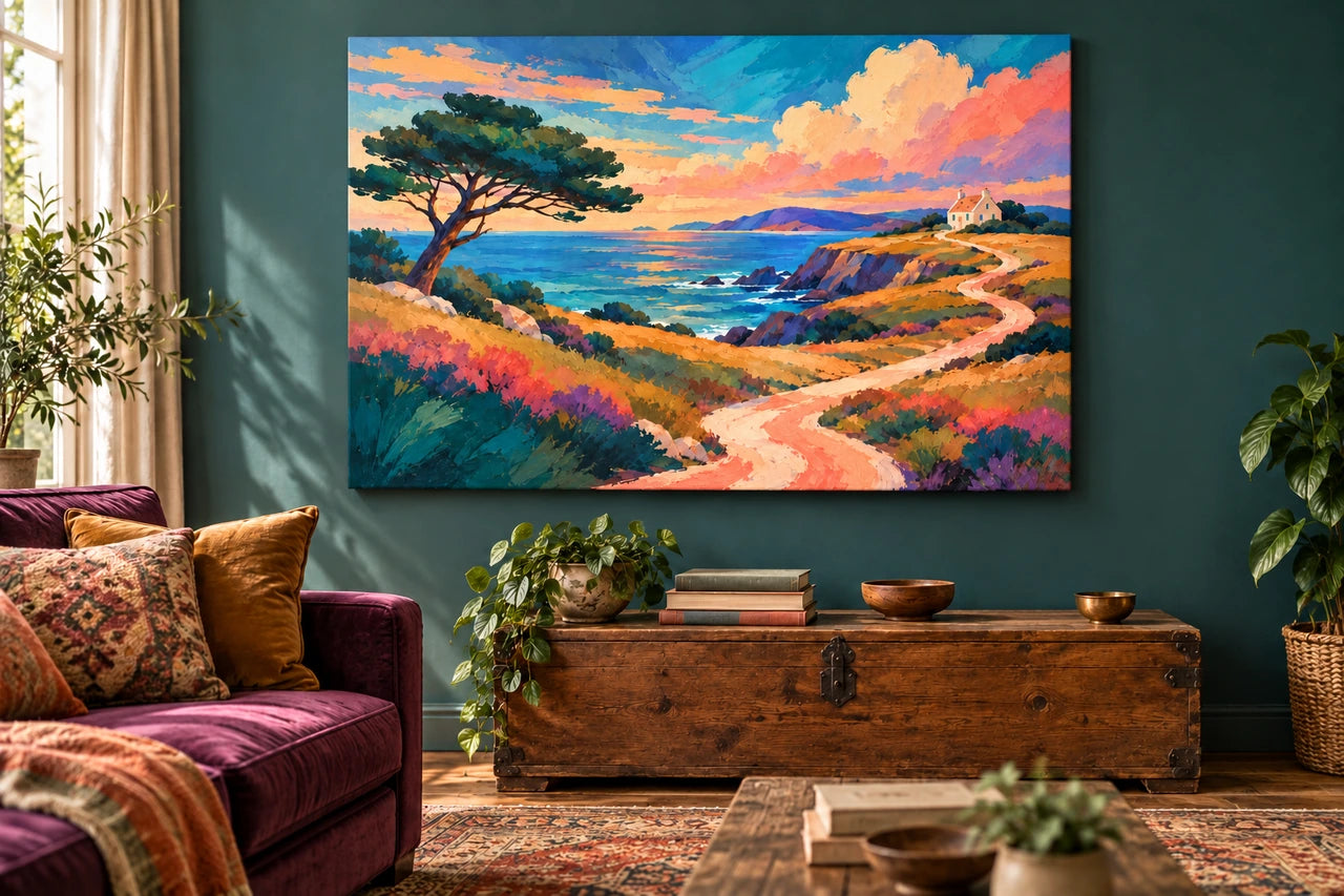 A colourful collected sitting room with a jewel-toned landscape canvas, velvet upholstery and patterned textiles.