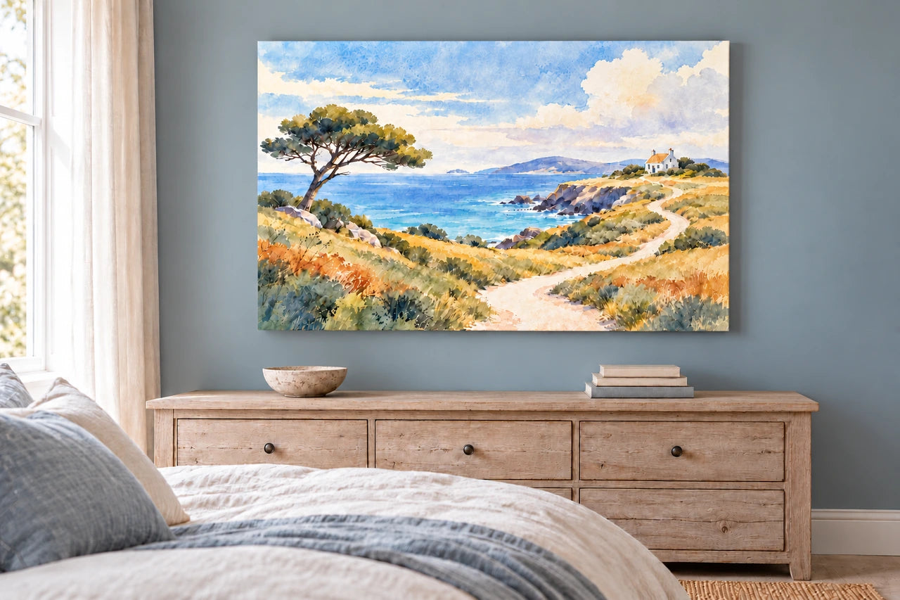 A light coastal-style bedroom with a watercolour landscape canvas above weathered timber furniture.
