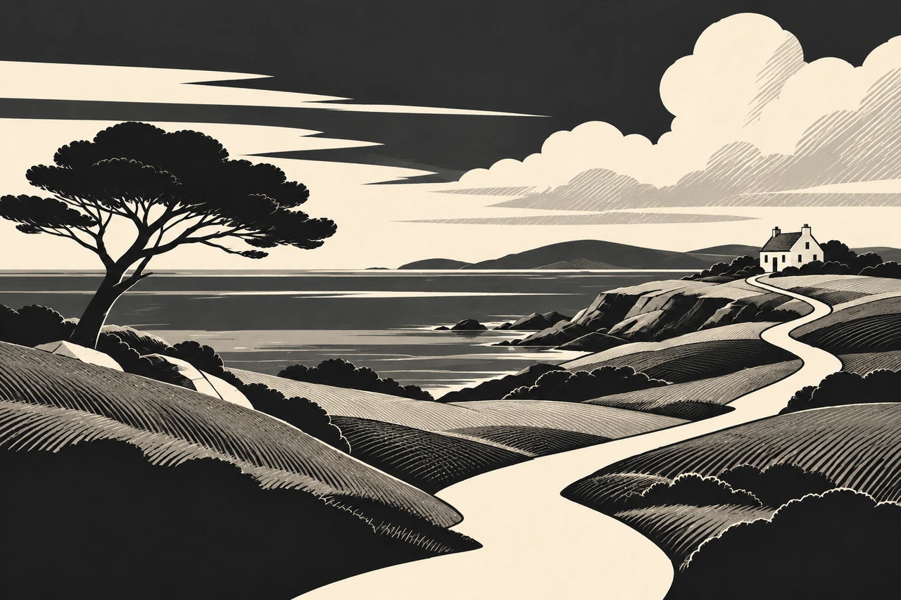 Black and warm ivory graphic coastline with a strong tree silhouette, clear path and small cottage on a headland.