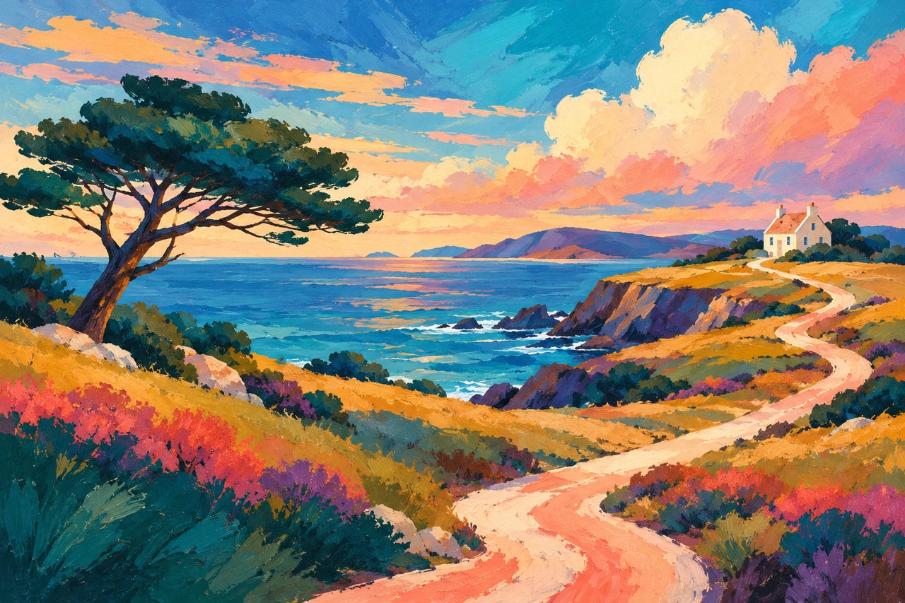 Colourful painted coast with a dark teal tree, coral path, cottage and jewel-coloured sky and meadow.