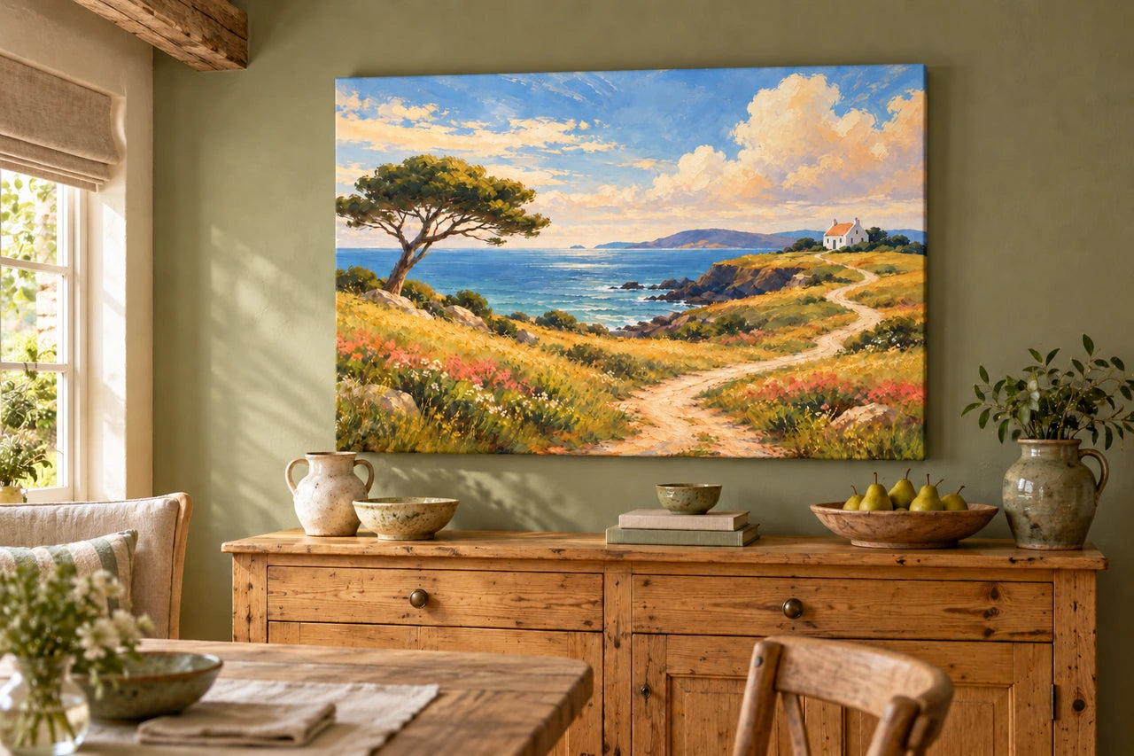 A country-style British dining corner with a painted landscape canvas above an old pine chest.