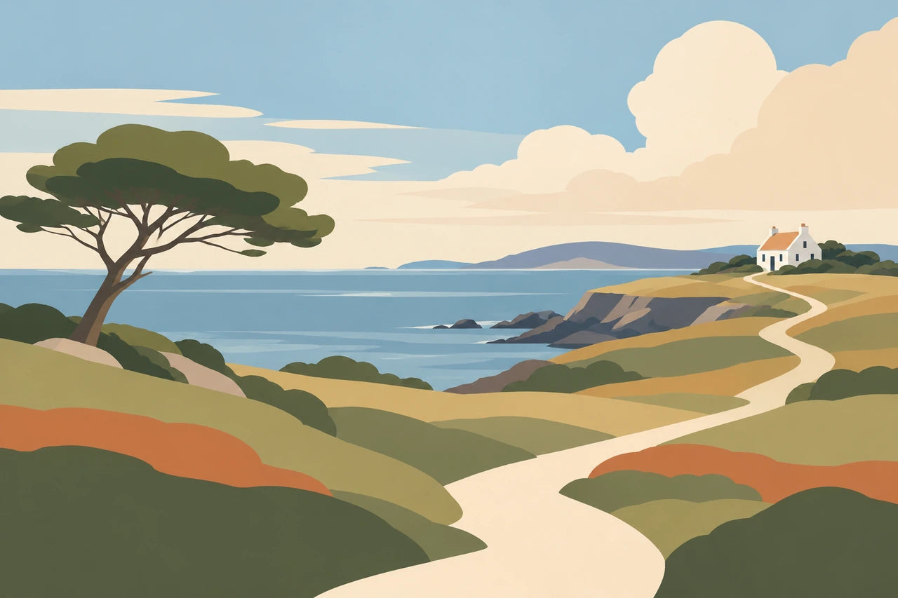 Contemporary graphic coastal landscape with a windswept tree, ivory path and small white cottage in simplified sage, blue and terracotta shapes.