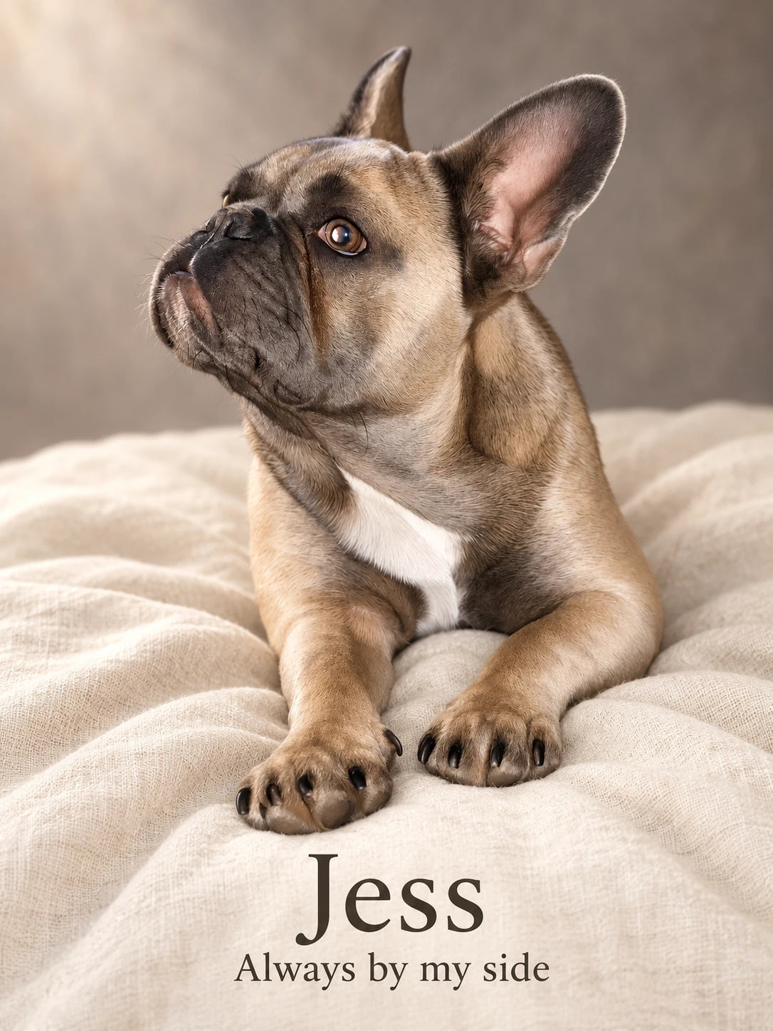 AI-created portrait of Jess on ivory linen, with Jess and Always by my side wording