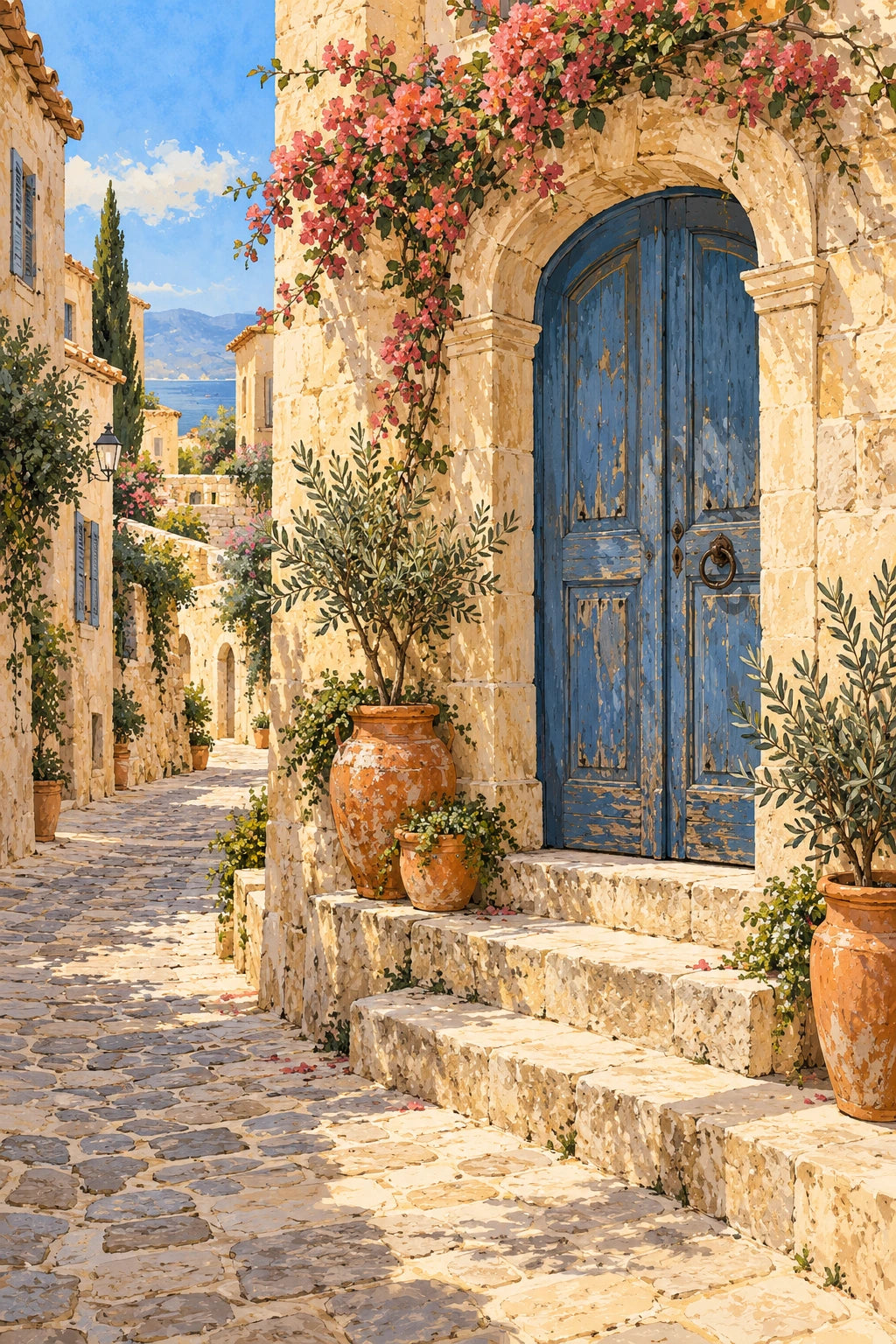 A sunlit illustrated Mediterranean-style lane with a blue timber doorway, terracotta pots and warm stone steps.