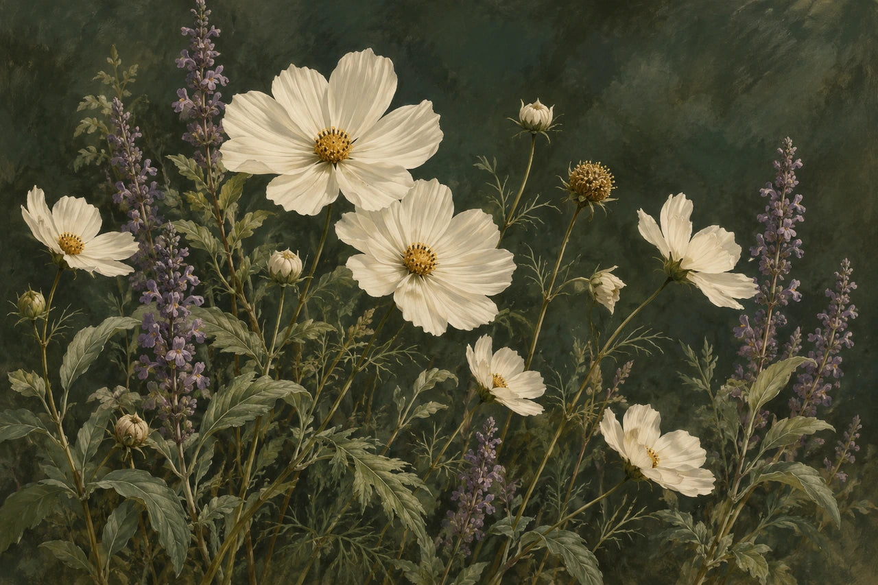 Ivory flowers and dusty-lilac spires against a deep muted-green painted background.