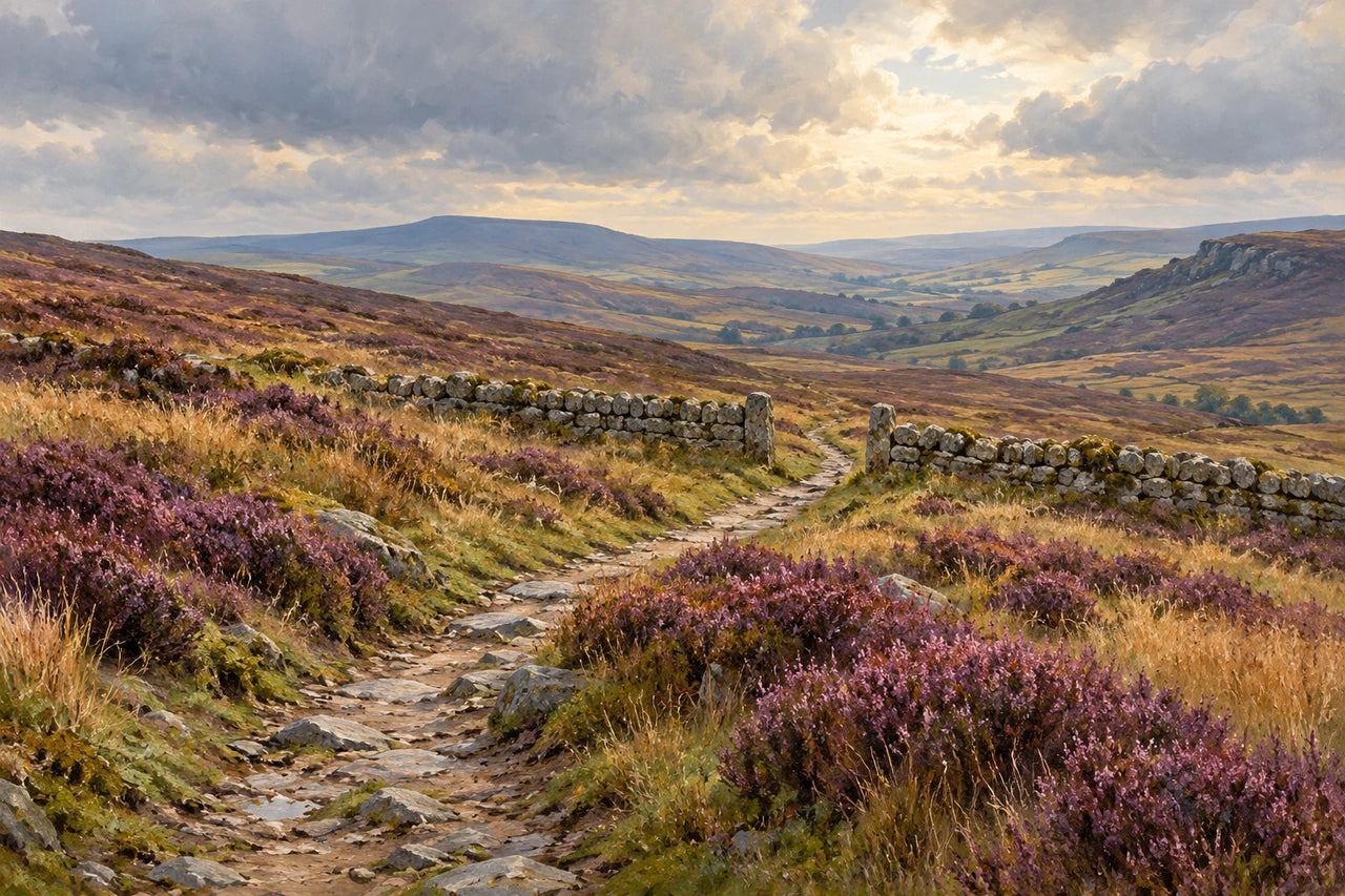 A painted-style moorland path leading through heather and a stone wall towards soft distant hills.