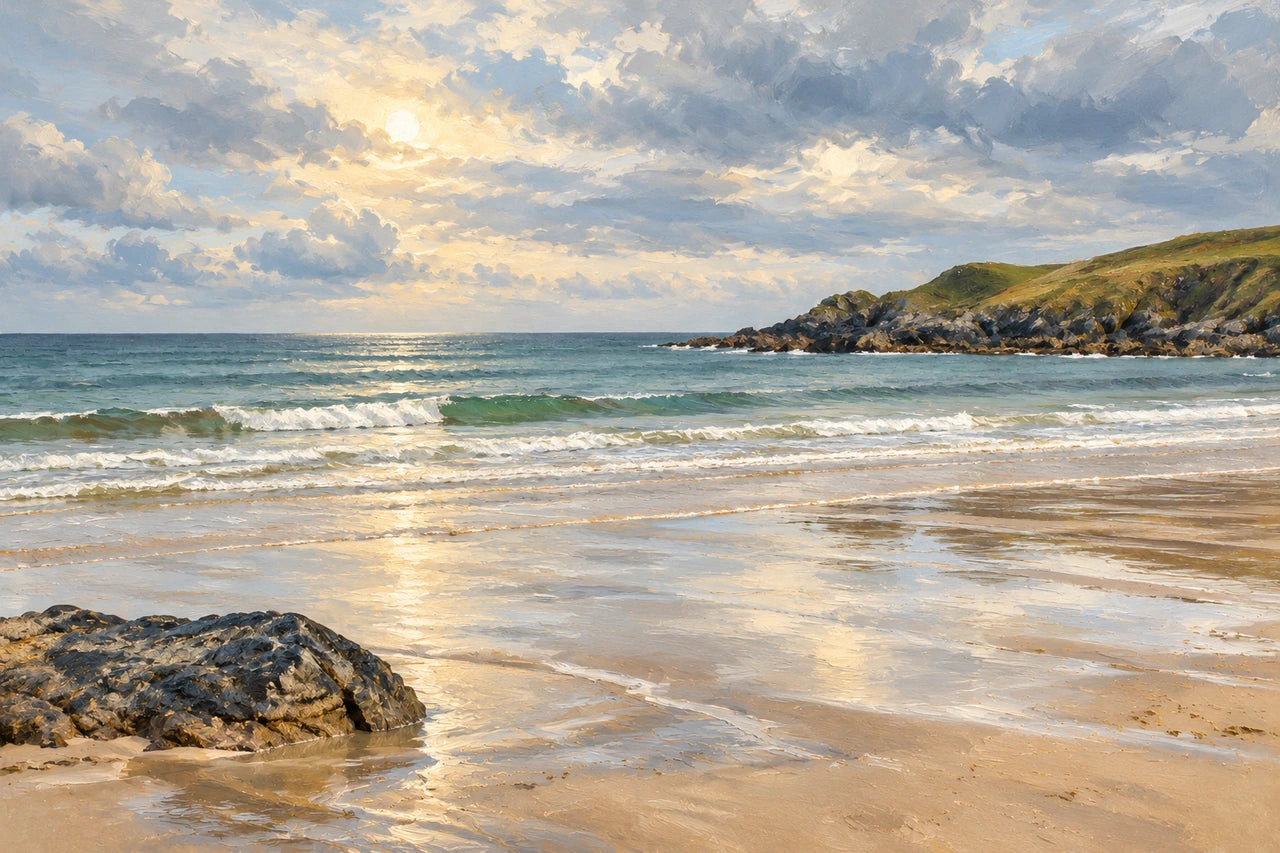A soft oil-style coastal painting with luminous sky, pale sand, a foreground rock and grassy headland.