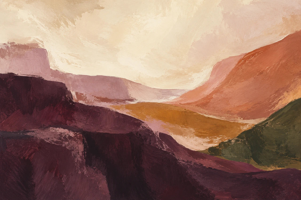 A rich abstract landscape-style painting in plum, dusty terracotta, rose, ochre, olive and cream.
