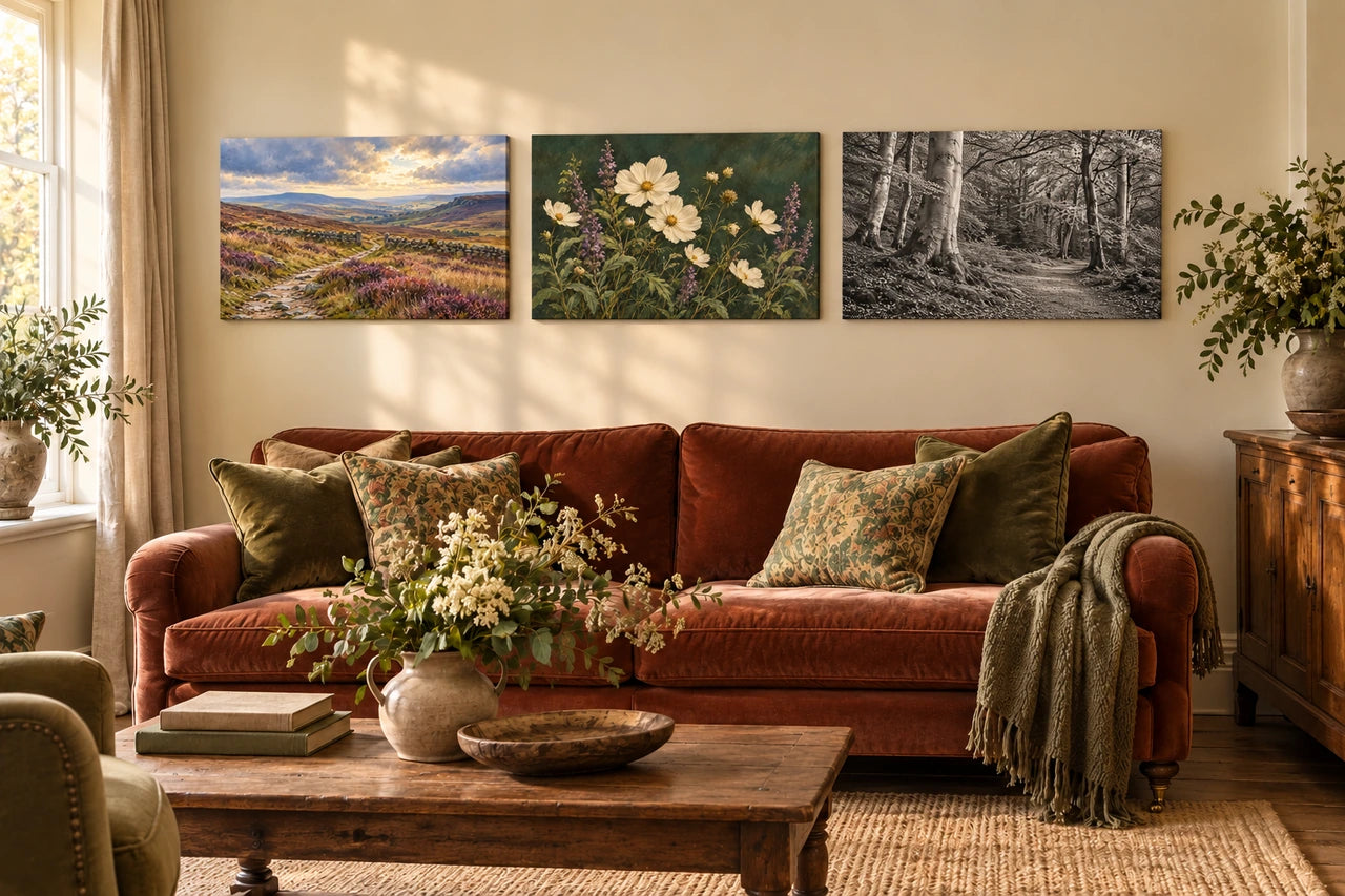 An imagined living room with three landscape canvases showing moorland, botanical flowers and monochrome woodland above a rust-coloured sofa.