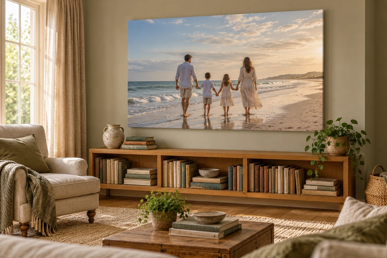 An imagined reading corner with a large canvas of a fictional family walking together on a beach.