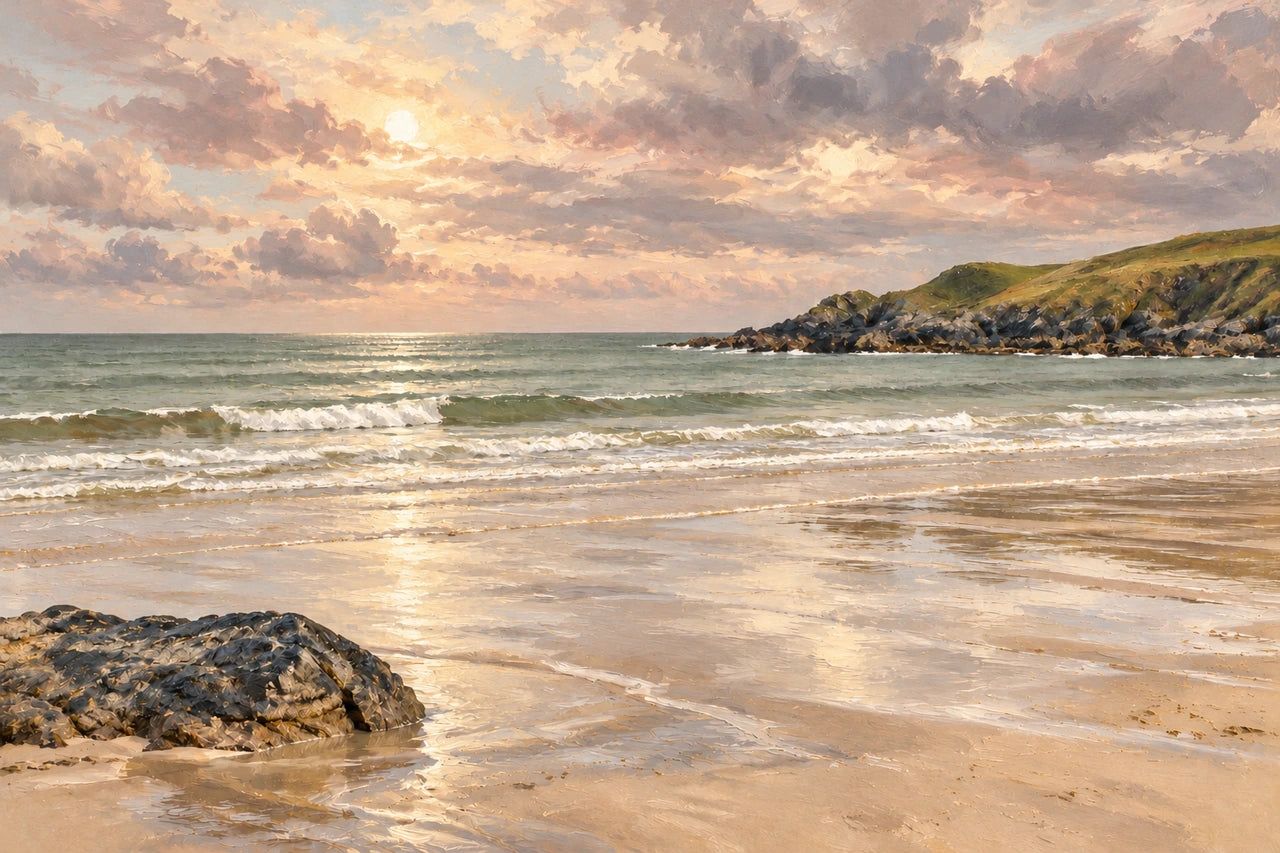 The coastal painting revised towards dusty-rose clouds, warm ivory sand and muted green-grey sea.