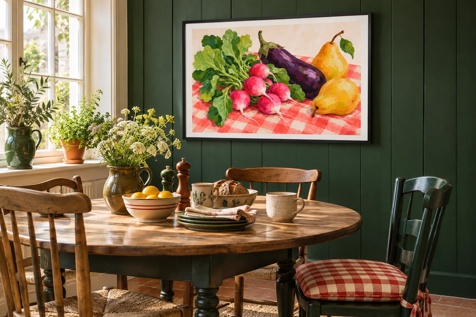 Market-day gouache illustration displayed above a dining table in a green room.