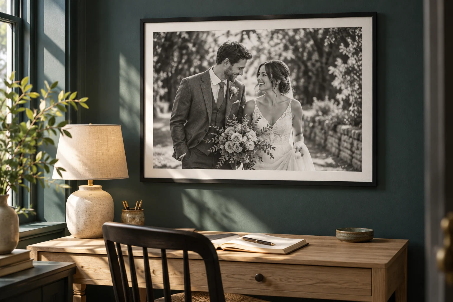 Black-and-white wedding poster in a simple picture frame above a writing desk.