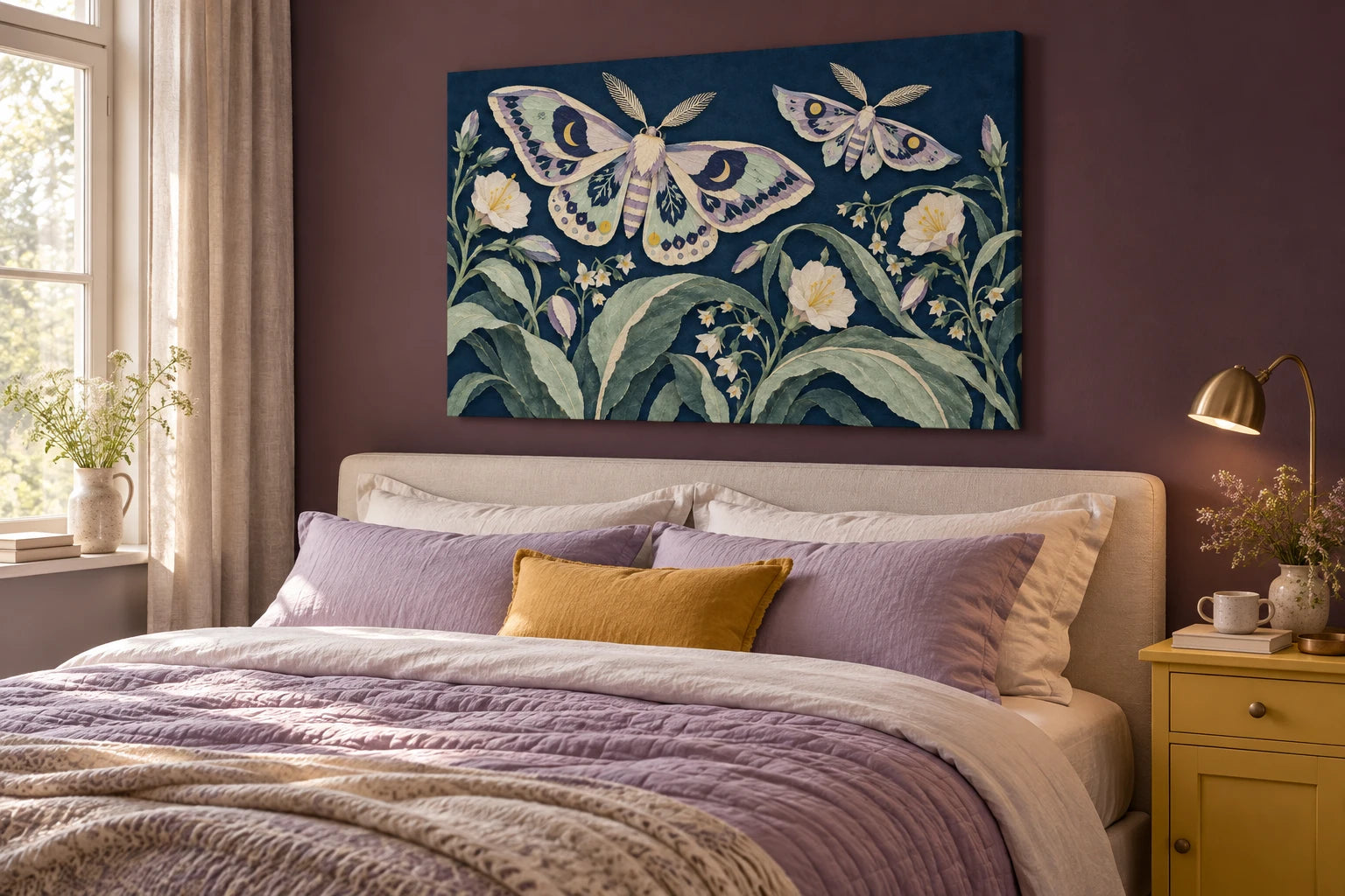 Night-garden moth illustration above a bed in a styled bedroom.