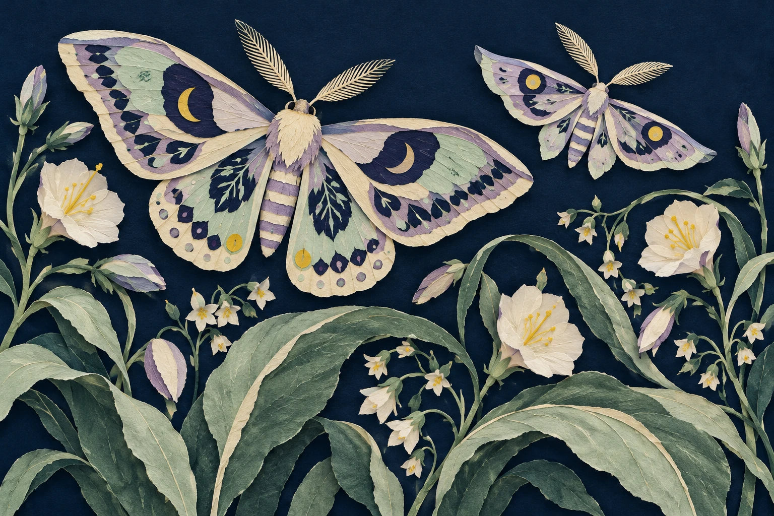 Moths in the night garden - paper collage illustration of two patterned moths above large curling leaves and small night flowers.