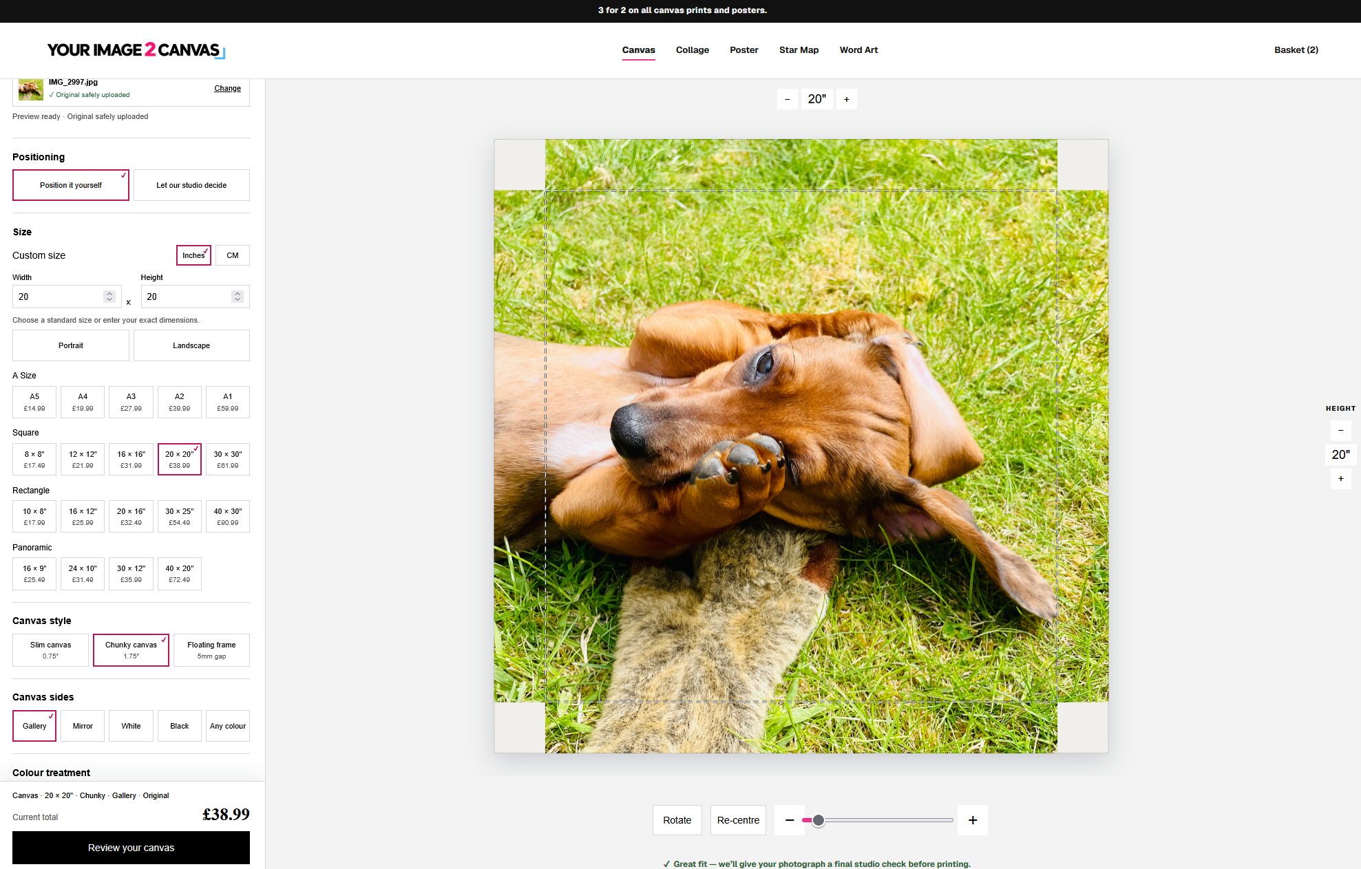 Supplied desktop canvas creator screenshot showing Ivy’s photograph with a 20 by 20-inch square canvas, Chunky canvas and Gallery sides selected