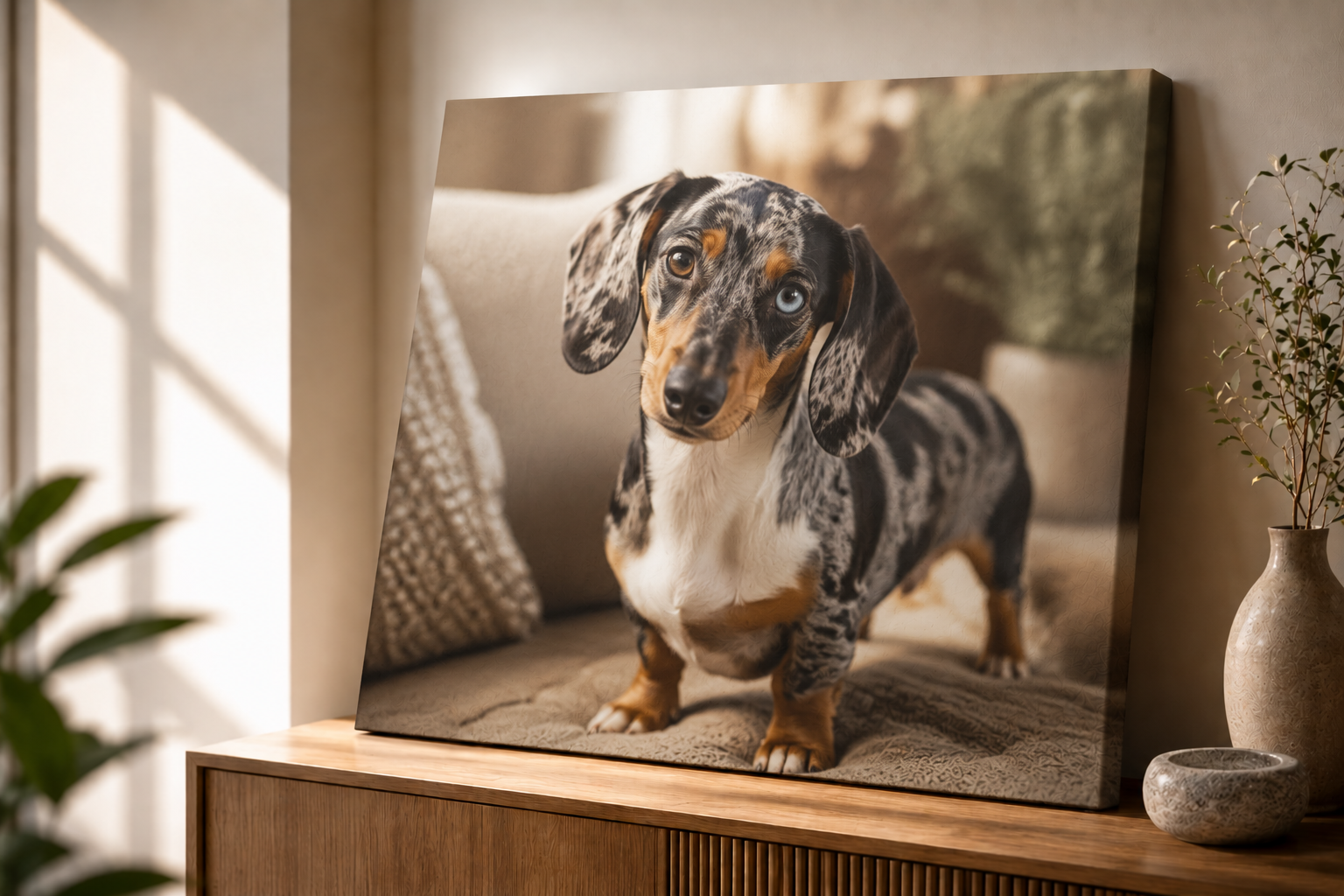 A dachshund photograph displayed as a canvas in a warm home