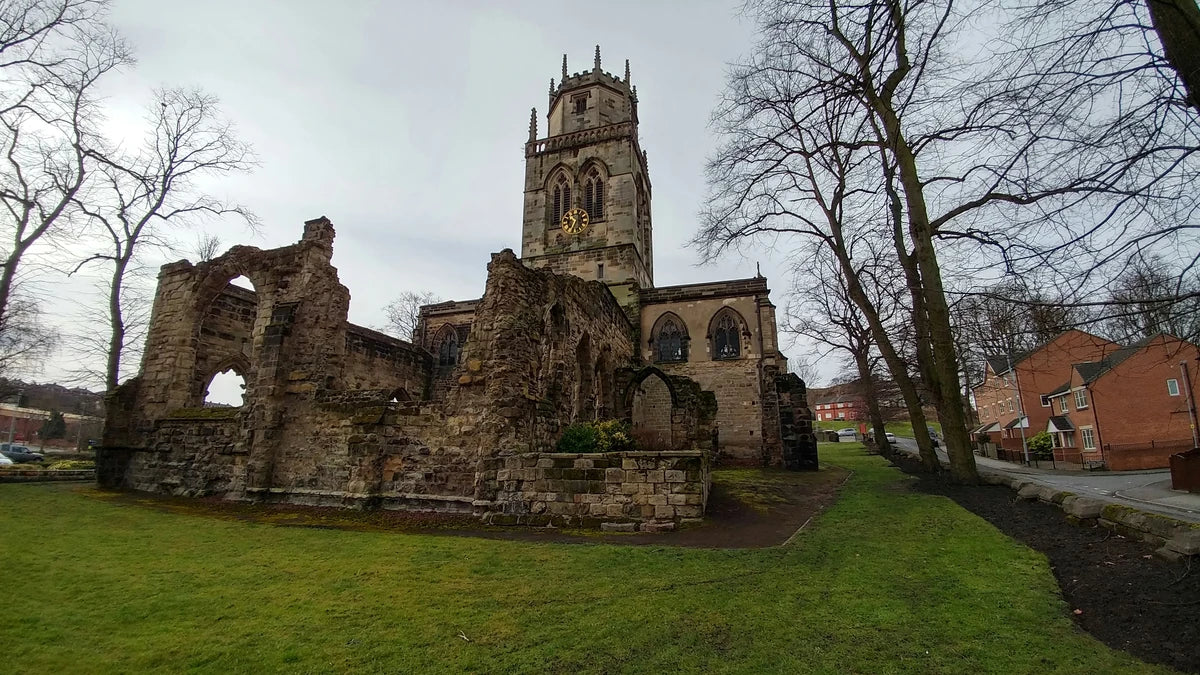 All Saints Church tower and older church ruins in Pontefract