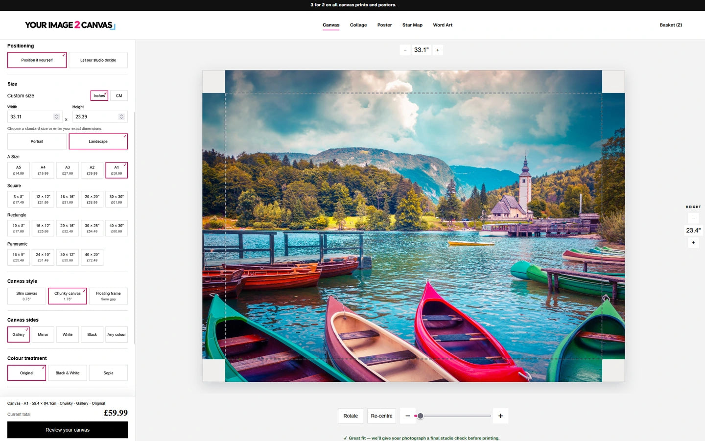 The real photo canvas creator showing image positioning, size and edge choices