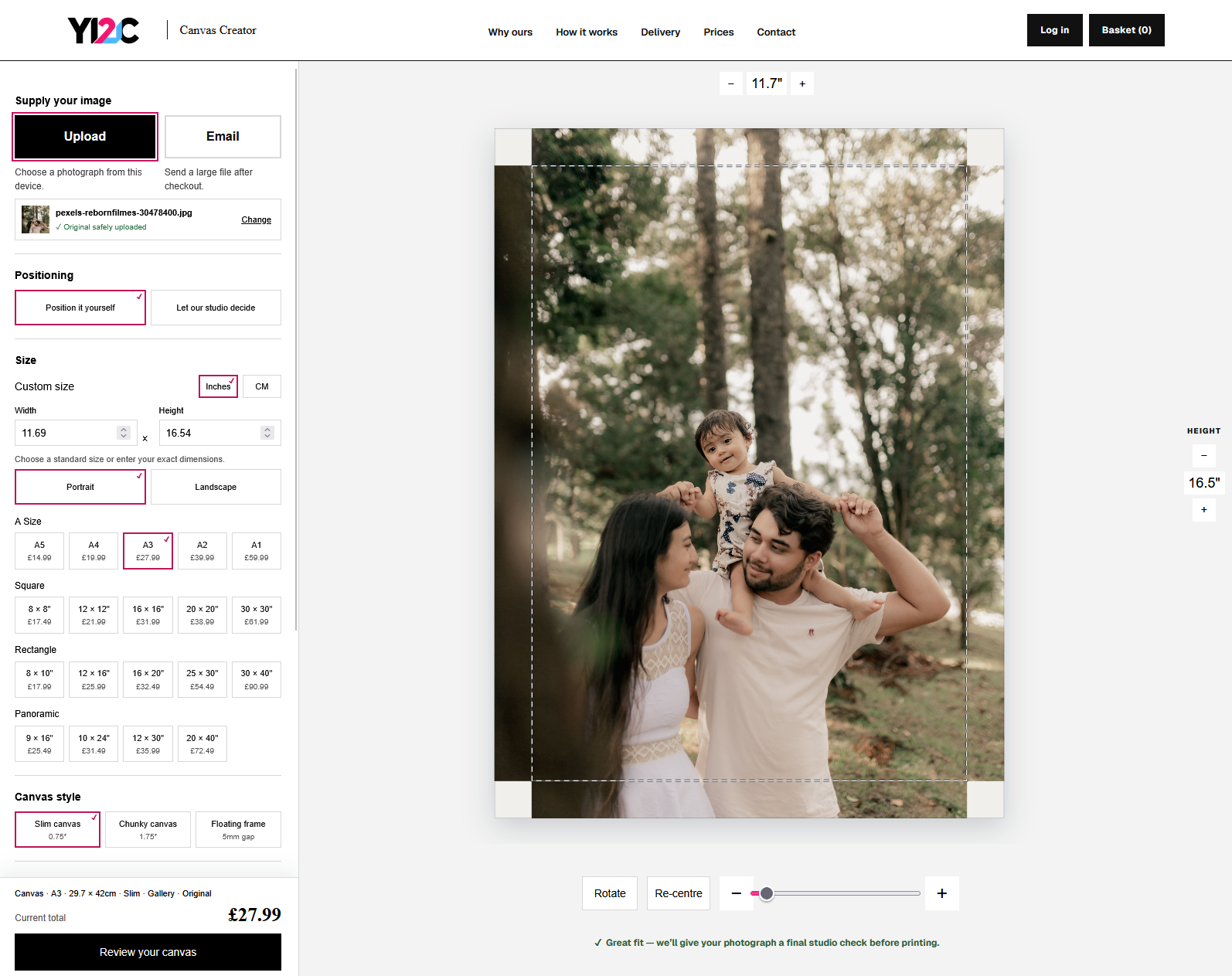 Desktop Canvas Creator showing size and finish options, a family photograph and Review your canvas