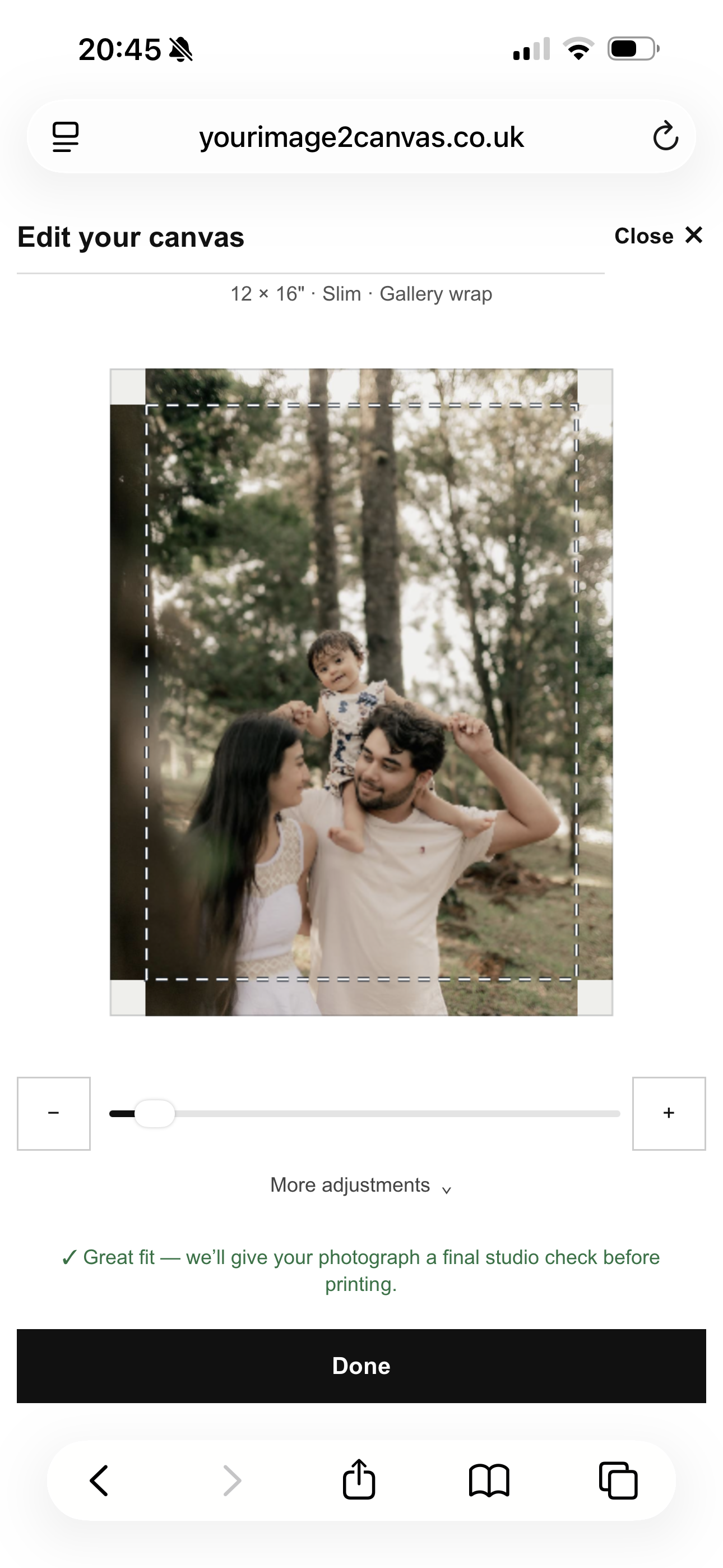 Mobile Edit your canvas screen showing the family photograph, adjustments and Done button