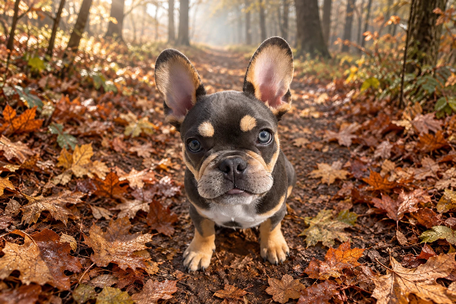AI-created dark-and-tan puppy on a misty copper woodland path
